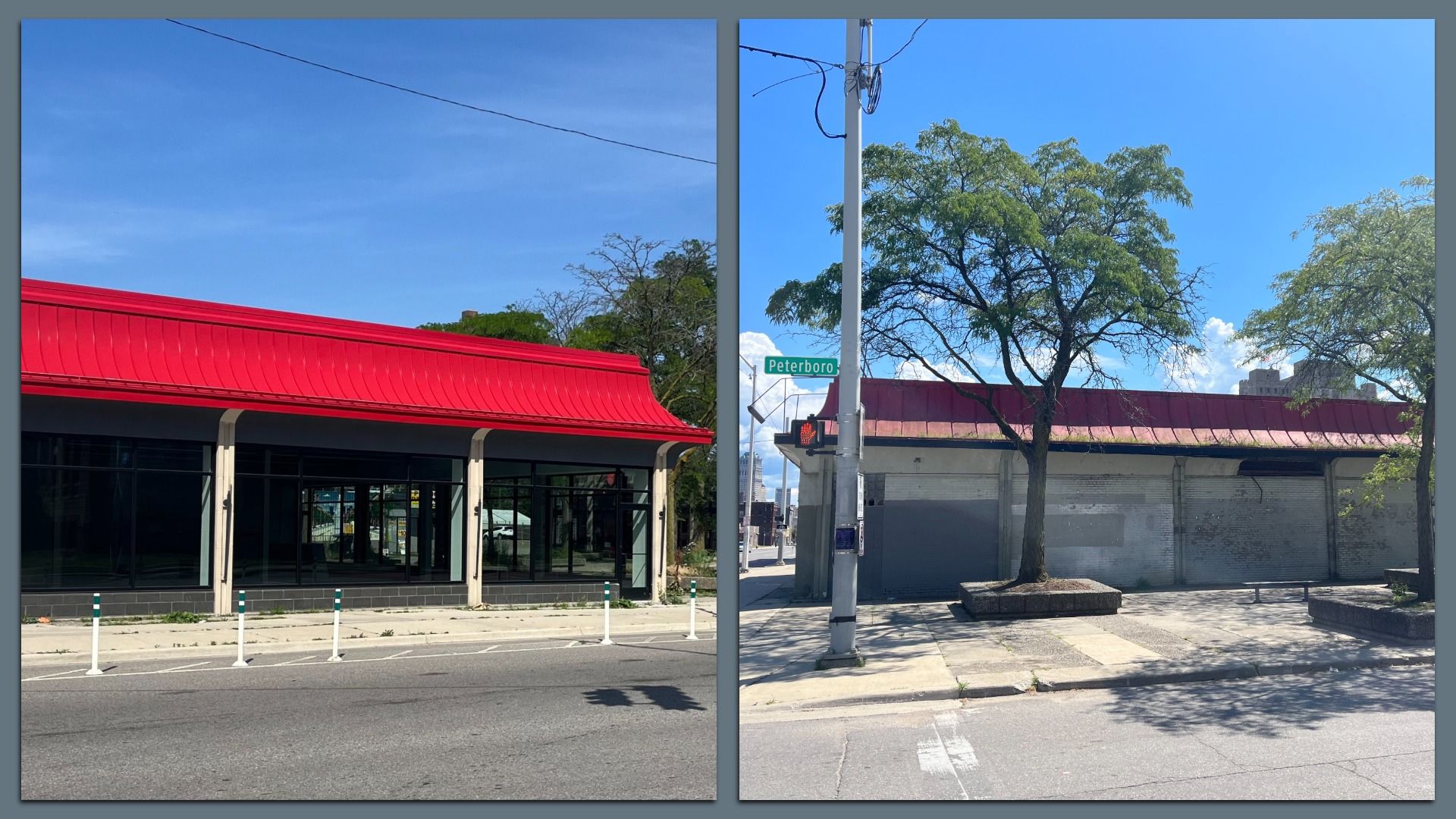 Exterior views of 3175 Cass Ave., shown in June 2025 on the left, and 2022 on the right. 