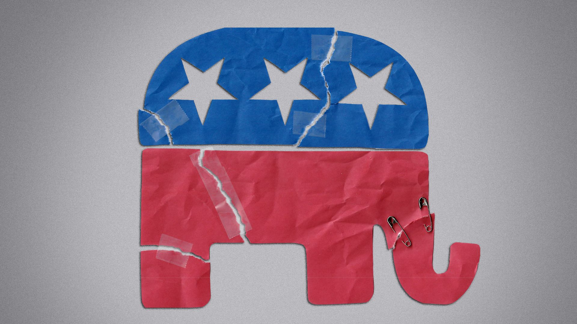 Illustration of a torn up GOP elephant logo that has been pinned and taped back together.