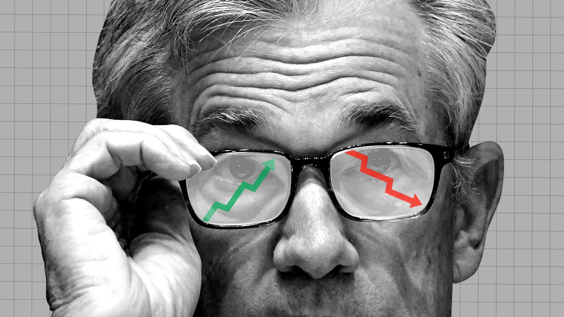 Photo illustration of Jerome Powell wearing glasses with a reflection of an upward trend line and a downward trend line in his glasses.