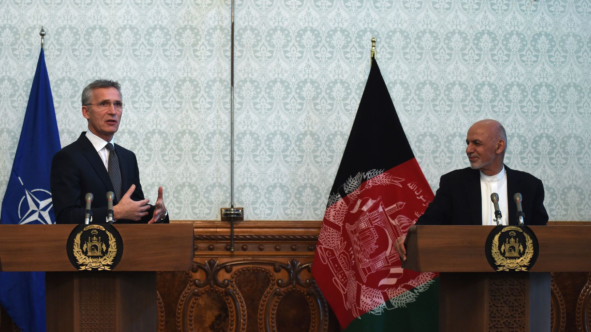 Secretary General of North Atlantic Treaty Organization (NATO) Jens Stoltenberg (L) gestures as speaks during a joint press conference with Afghan President Ashraf Ghani 