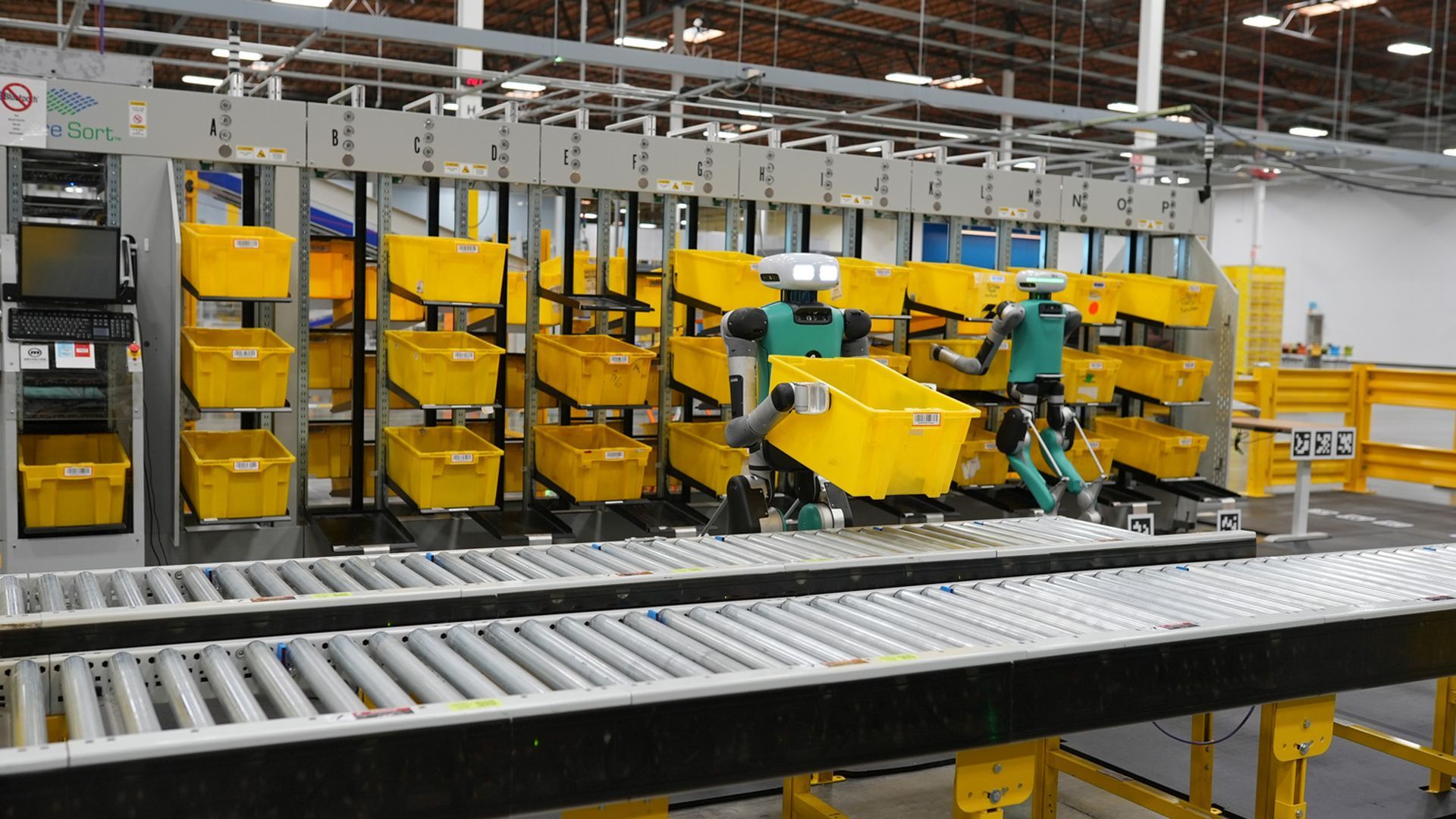 These robots, named Digit, are on trial assignment at an Amazon warehouse south of Seattle. Photo courtesy of Agility Robotics.