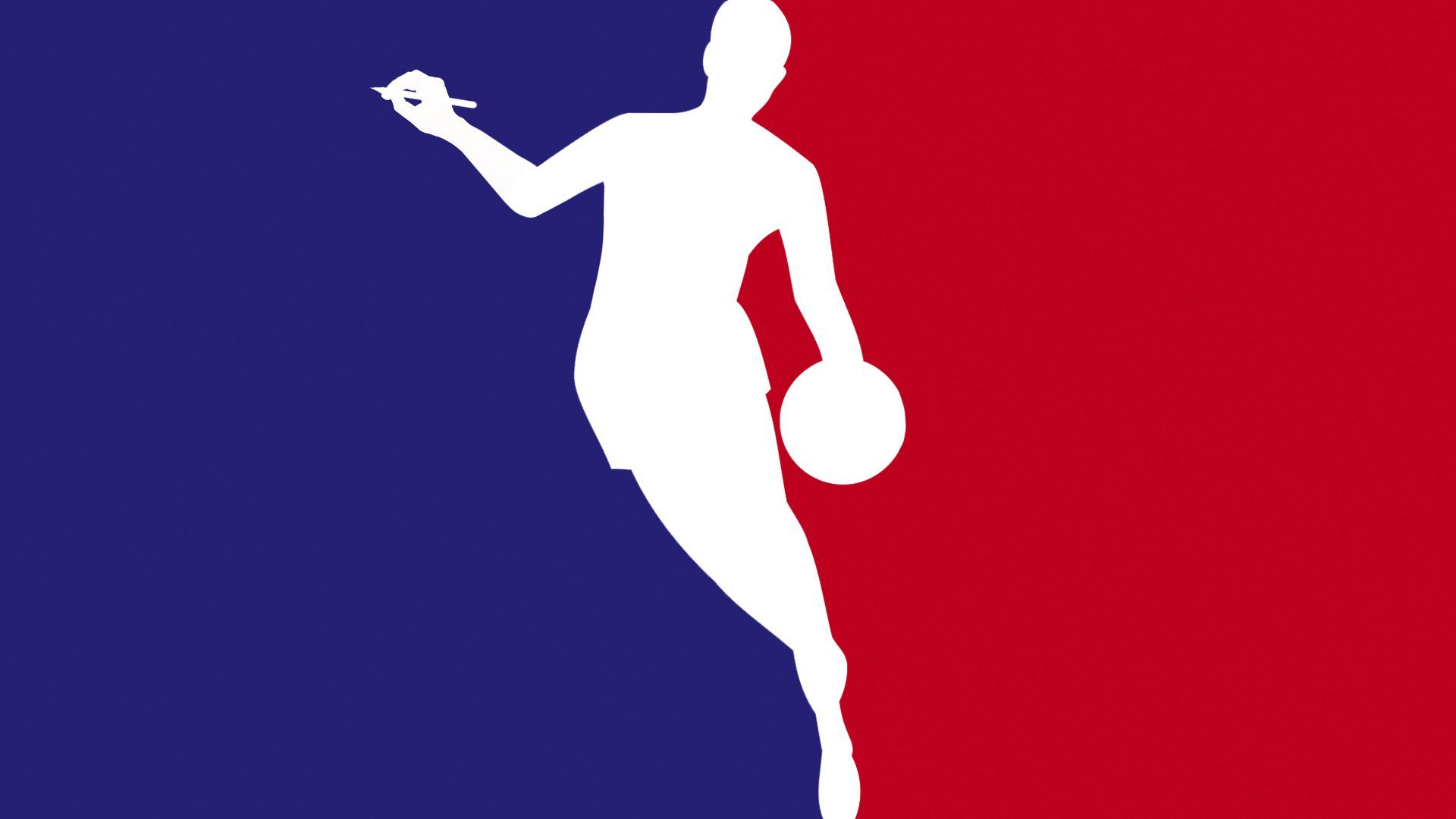 Illustration referencing of the NBA logo, with a basketball player bouncing a basketball in their left hand, and writing implement in their left hand
