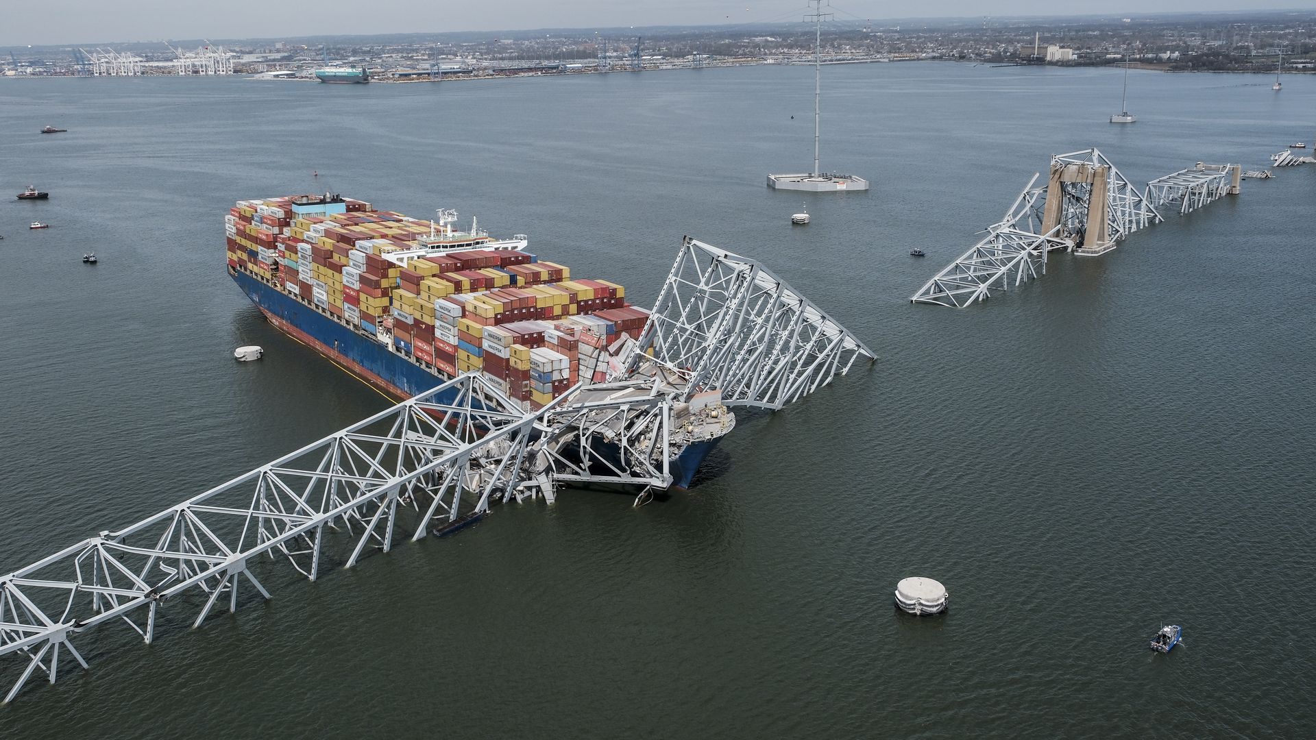 The remains of the Francis Scott Key Bridge on March 26, 2024 in Baltimore