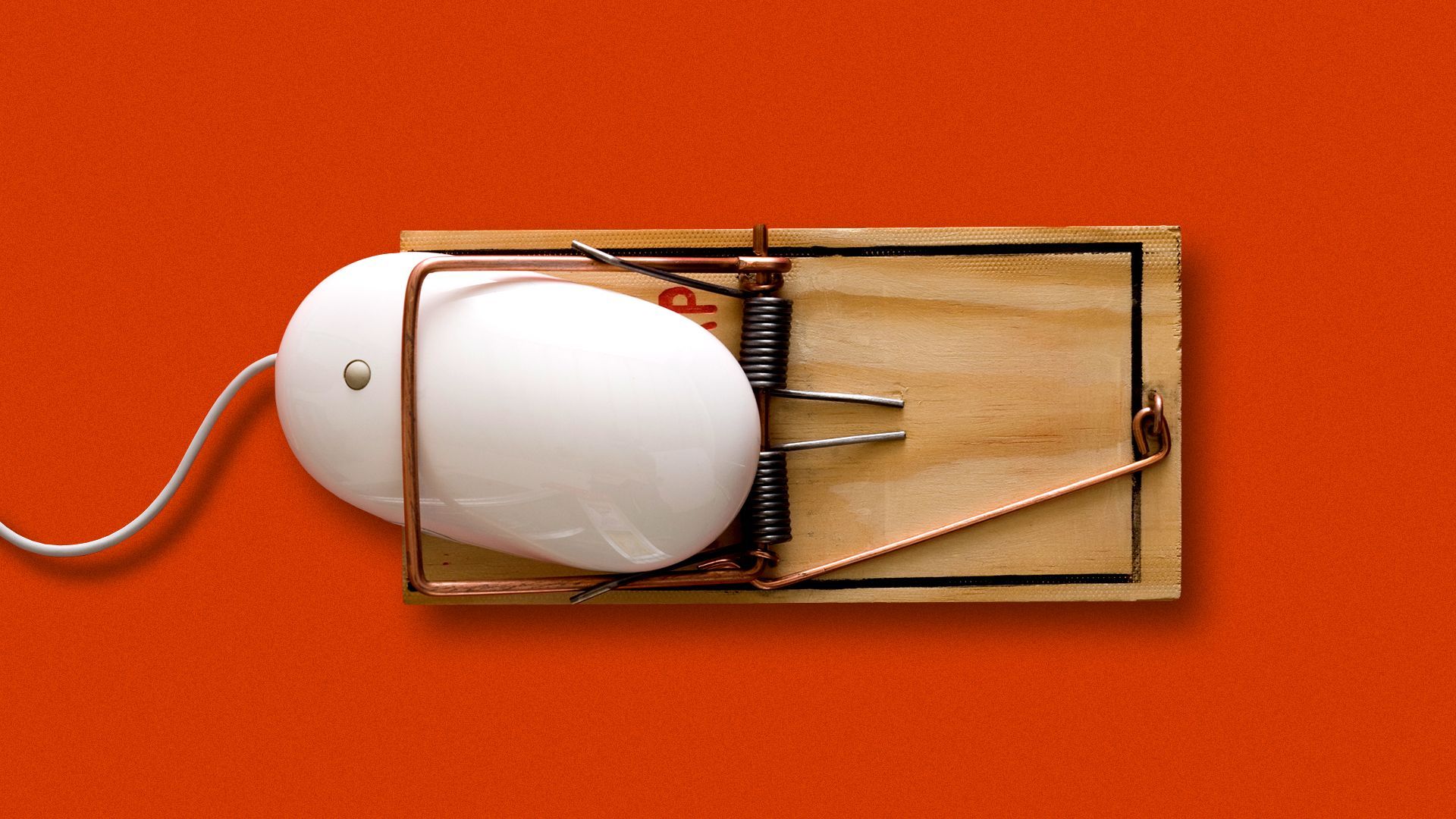 Illustration of a white computer mouse caught in a wooden mouse trap.