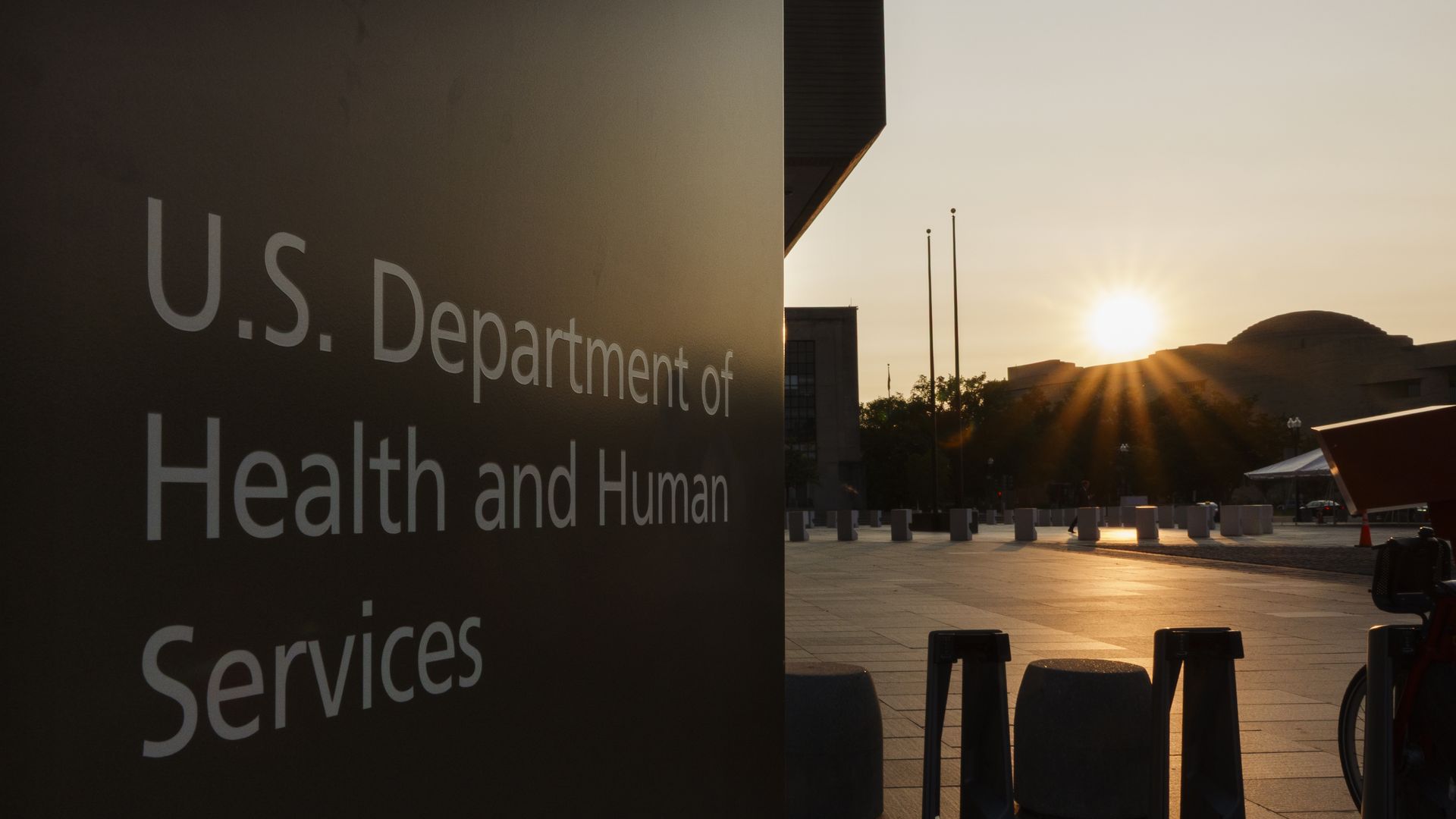 A sign is displayed outside of the U.S. Department of Health and Human Services (HHS) headquarters at the Hubert H. Humphrey Building on June 2, 2025 in Washington, DC.