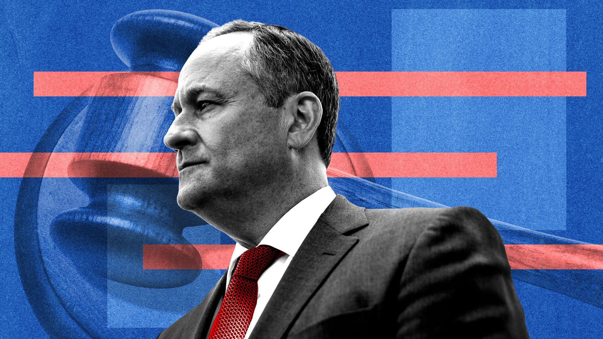 Photo illustration of Second Gentleman Doug Emhoff in front of a gavel and gavel block and various shapes