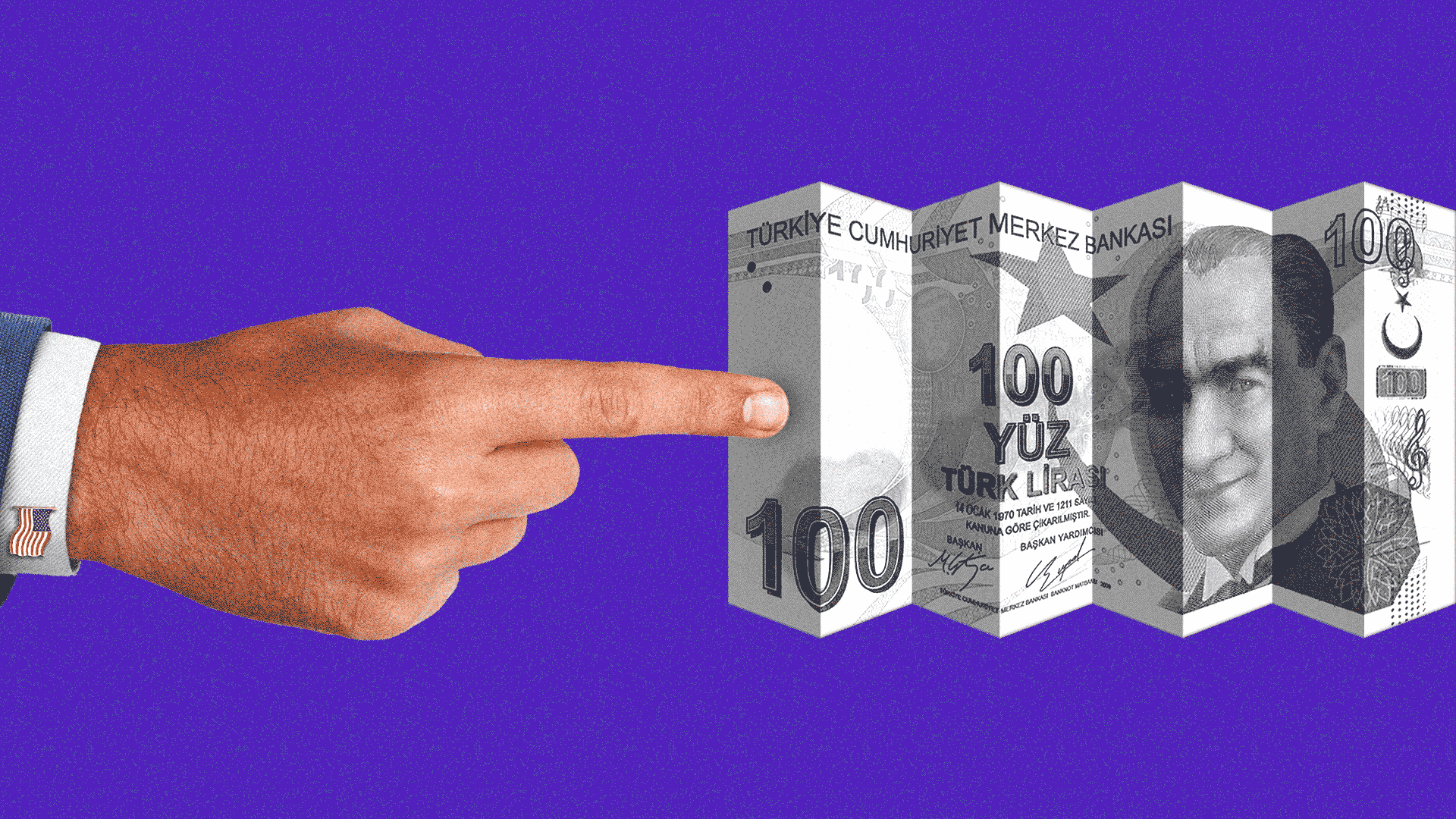 Hand with American flag cufflink pushes Turkish lira away