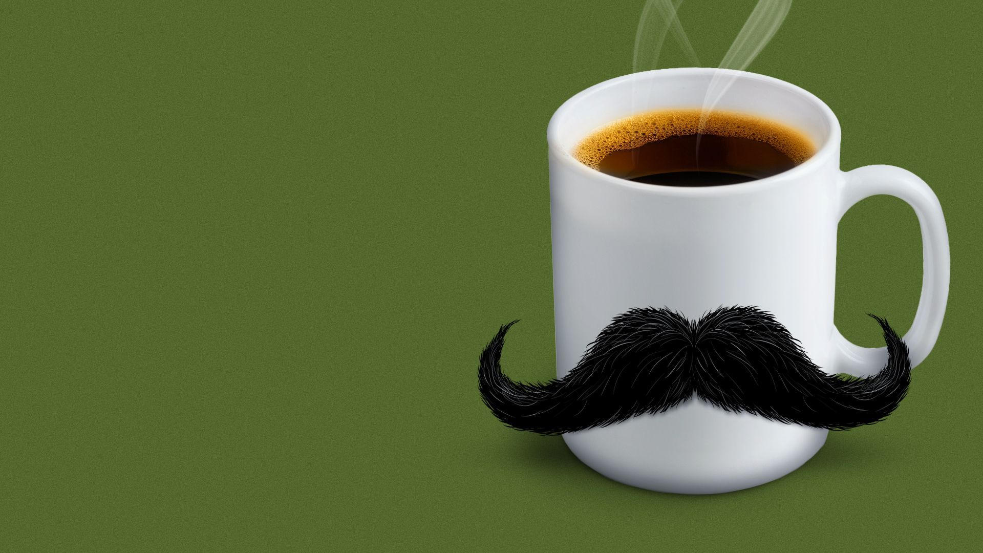 Illustration of a warm mug of coffee with a real moustache. 