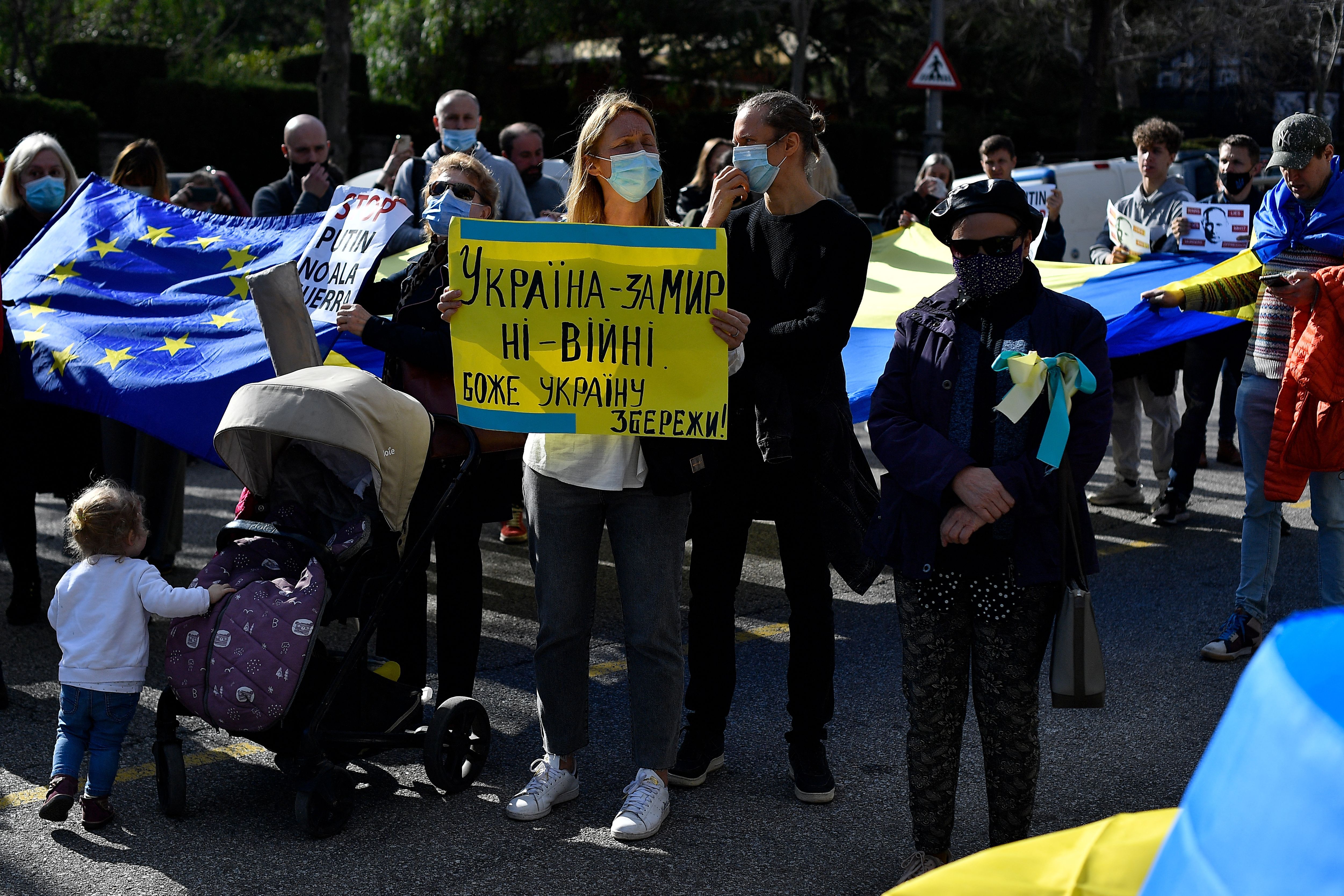 Demonstrators gathering in support of Ukraine in Barcelona on Feb. 24.