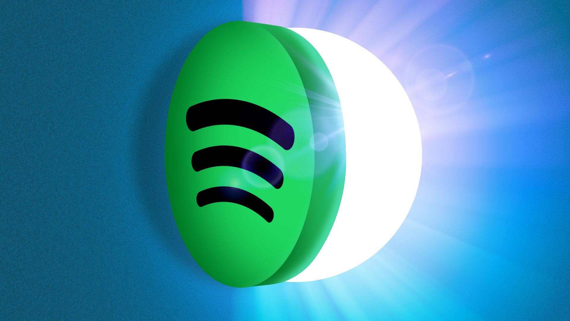 Illustration of the Spotify logo as a door, opening up to a vault with rainbow light coming out. 