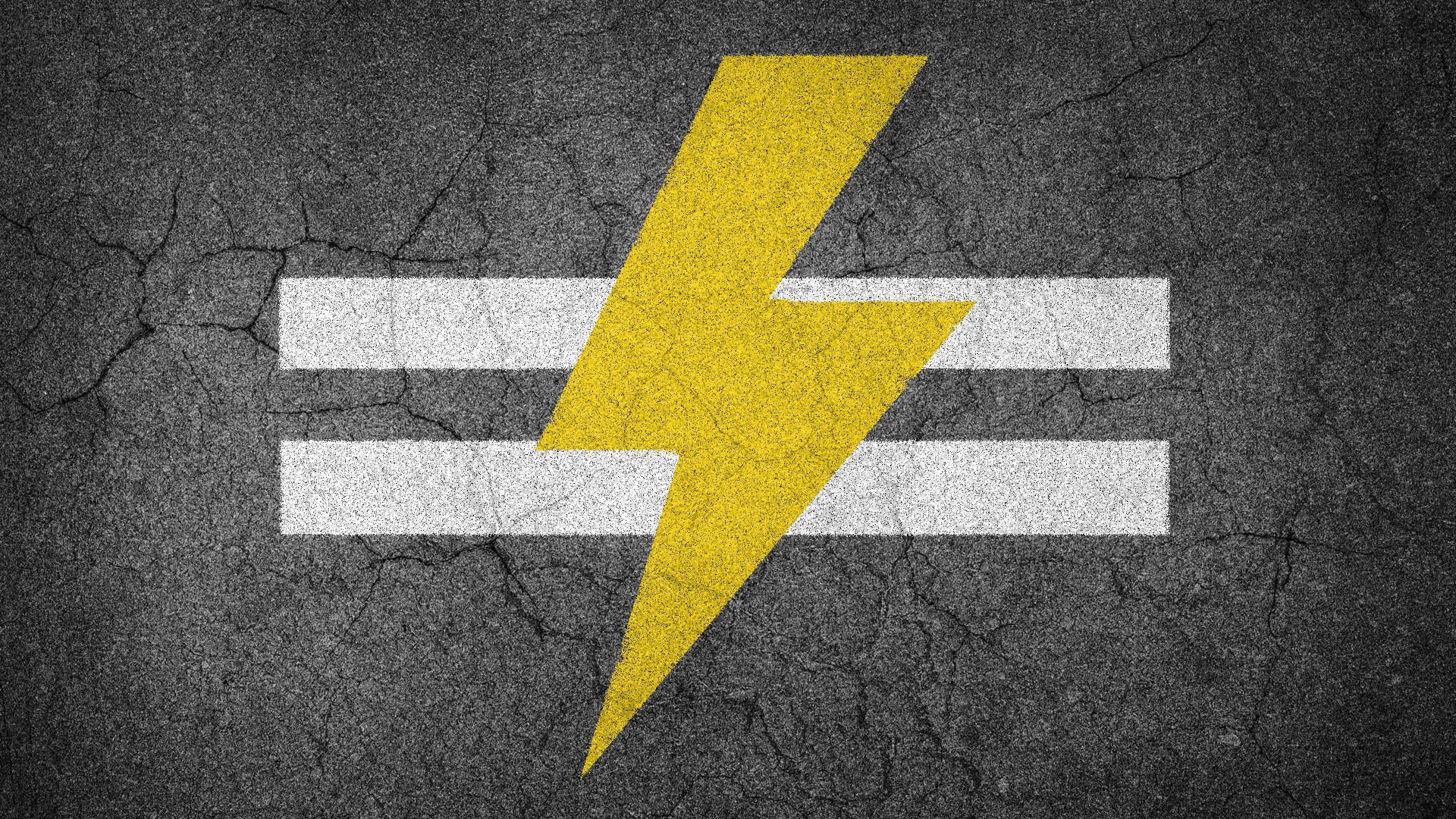 Illustration of an unequal sign with a lightning bolt through it on pavement