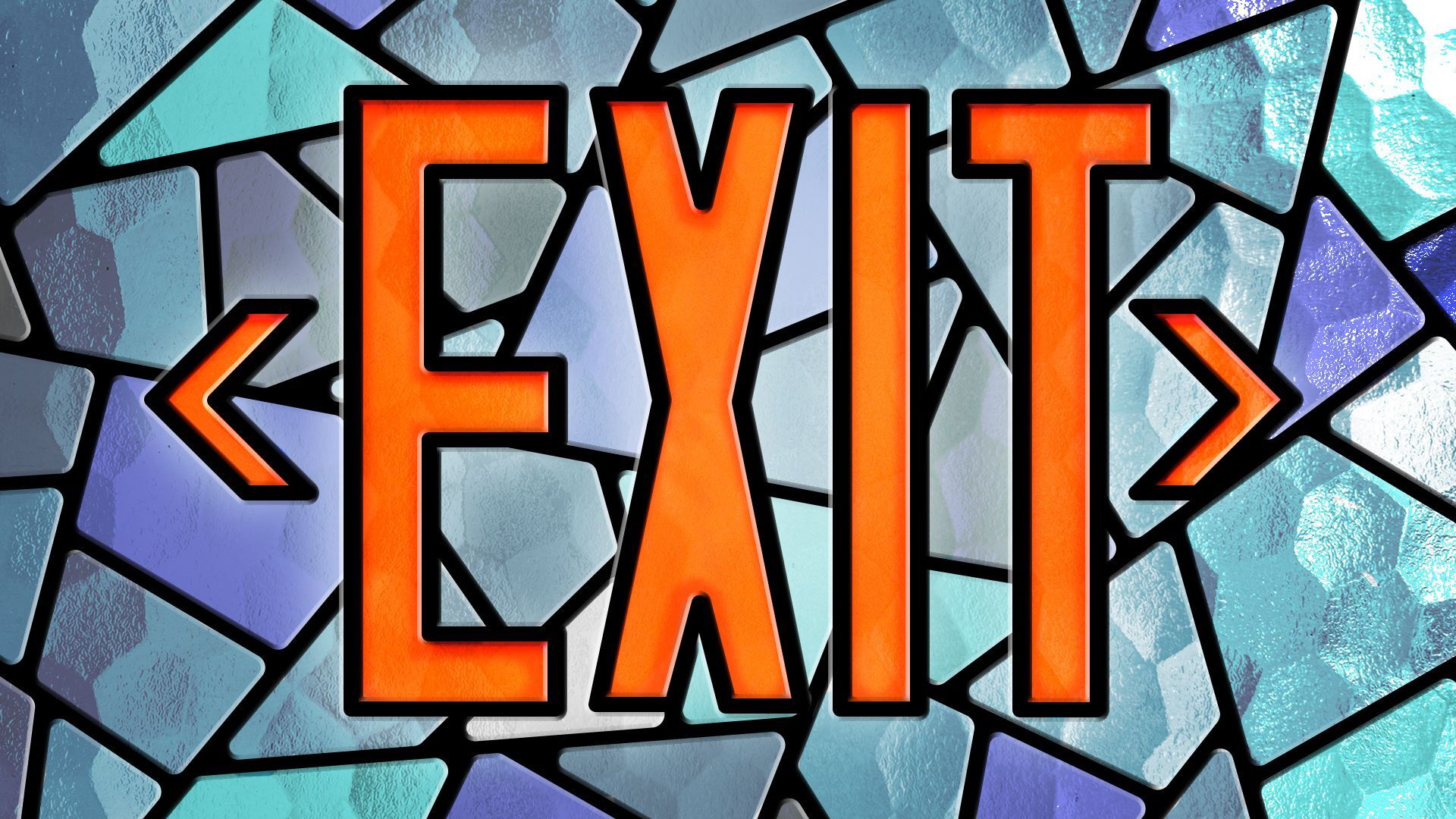 Illustration of a stained glass window stylized as an EXIT sign.