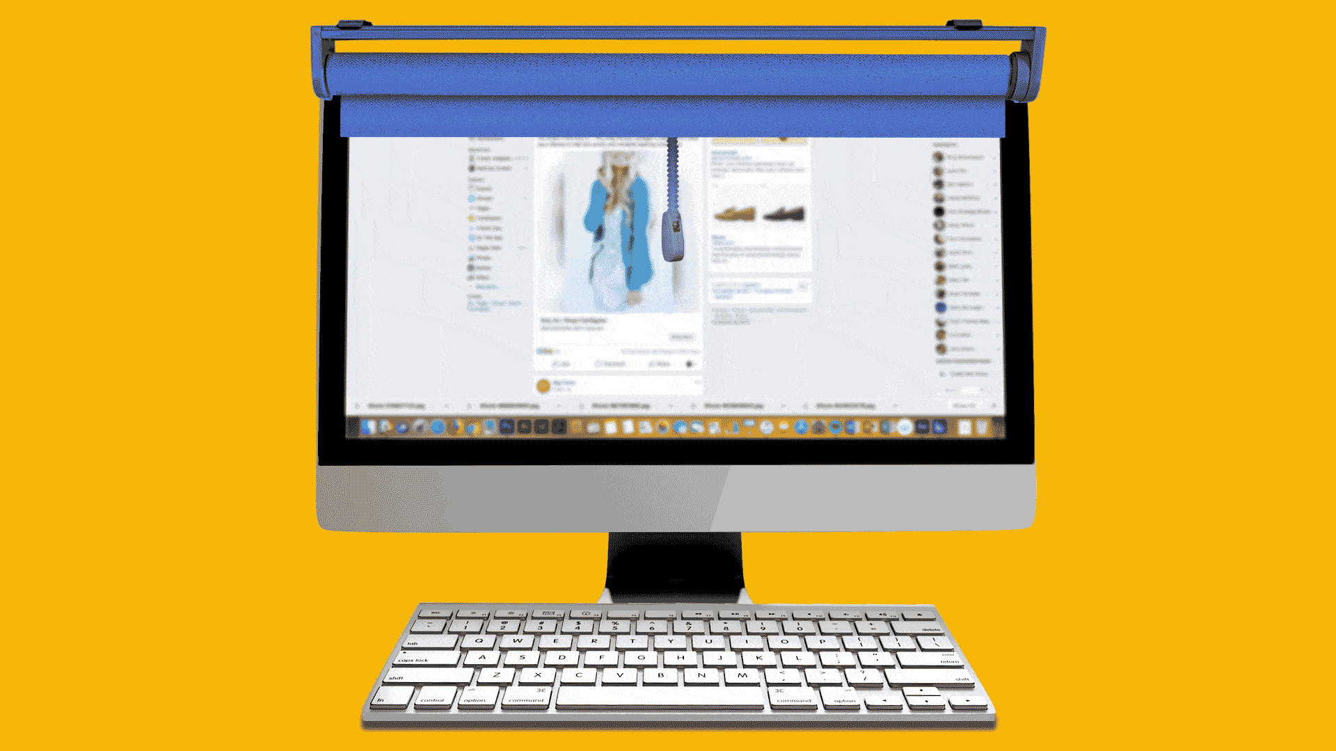 A gif shows a computer monitor with a news feed, and then a shade is pulled over the screen