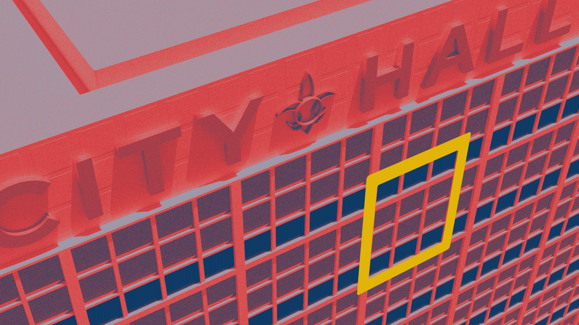 Animated illustration of an aerial view of New Orleans City Hall with a checkbox suspended in front of it, and a checkmark drawing over the box.