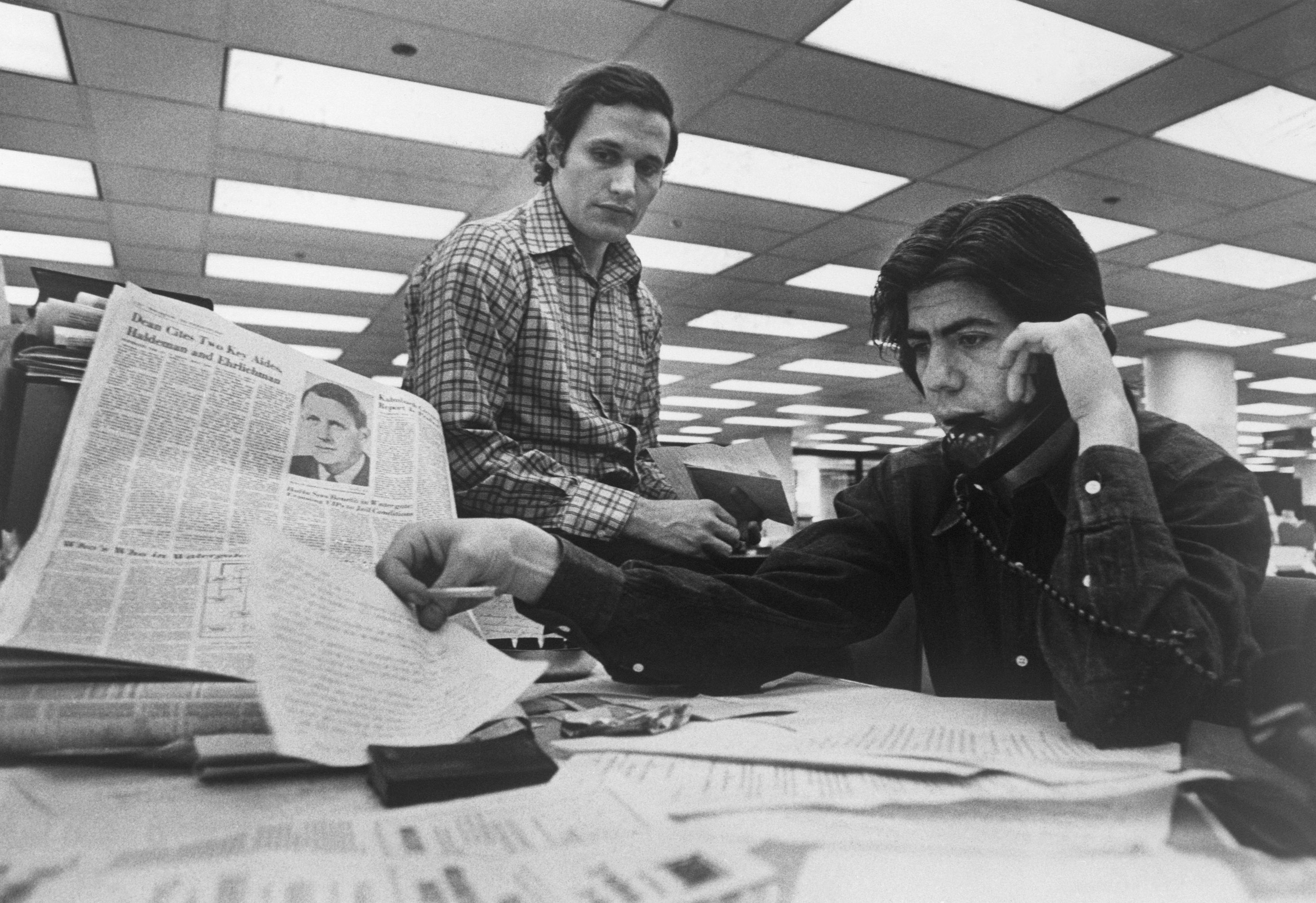 Woodward (left) and Bernstein in the Washington Post newsroom in 1973. Photo: Bettmann Archive via Getty Images