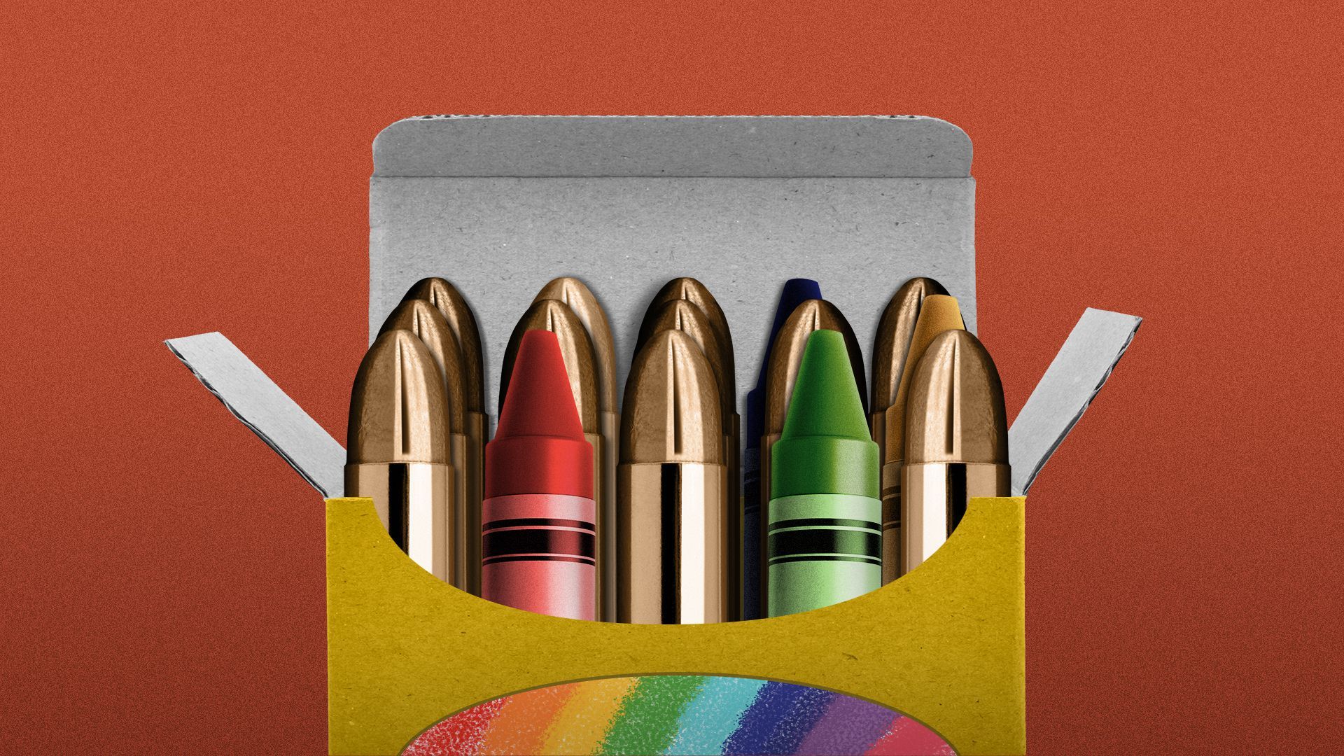 Illustration of bullets and crayons in a crayon box.