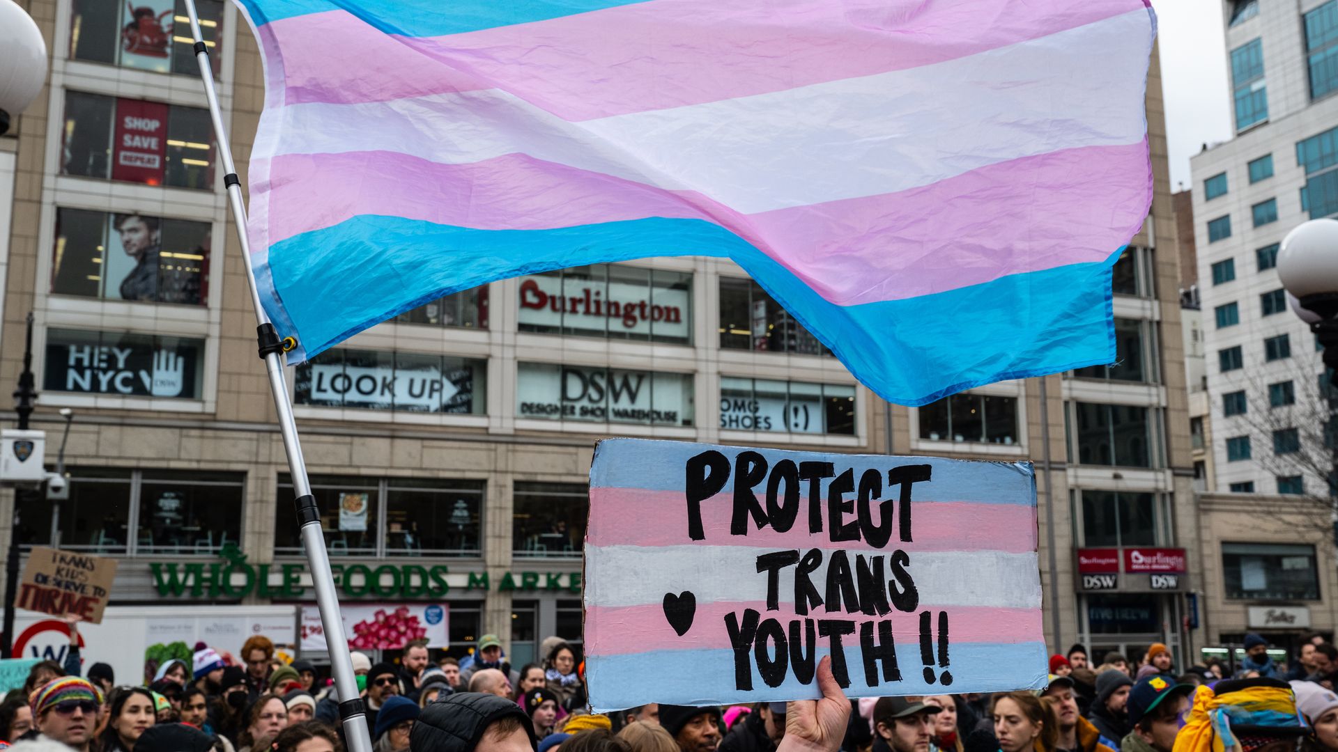Crowd of protesters, a sign that says "PROTECT TRANS YOUTH !!" and a trans flag