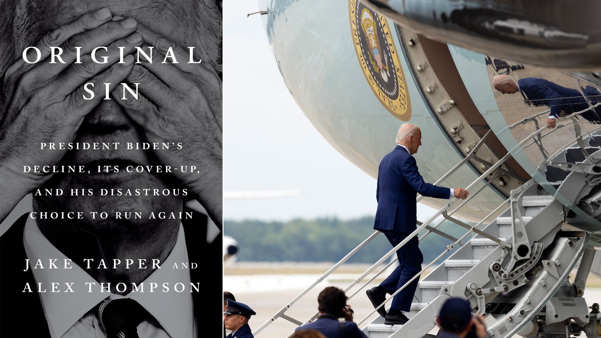 Split-screen images of cover of the book "Original Sin," and an image of then-President Biden walking up the short staircase into Air Force One.
