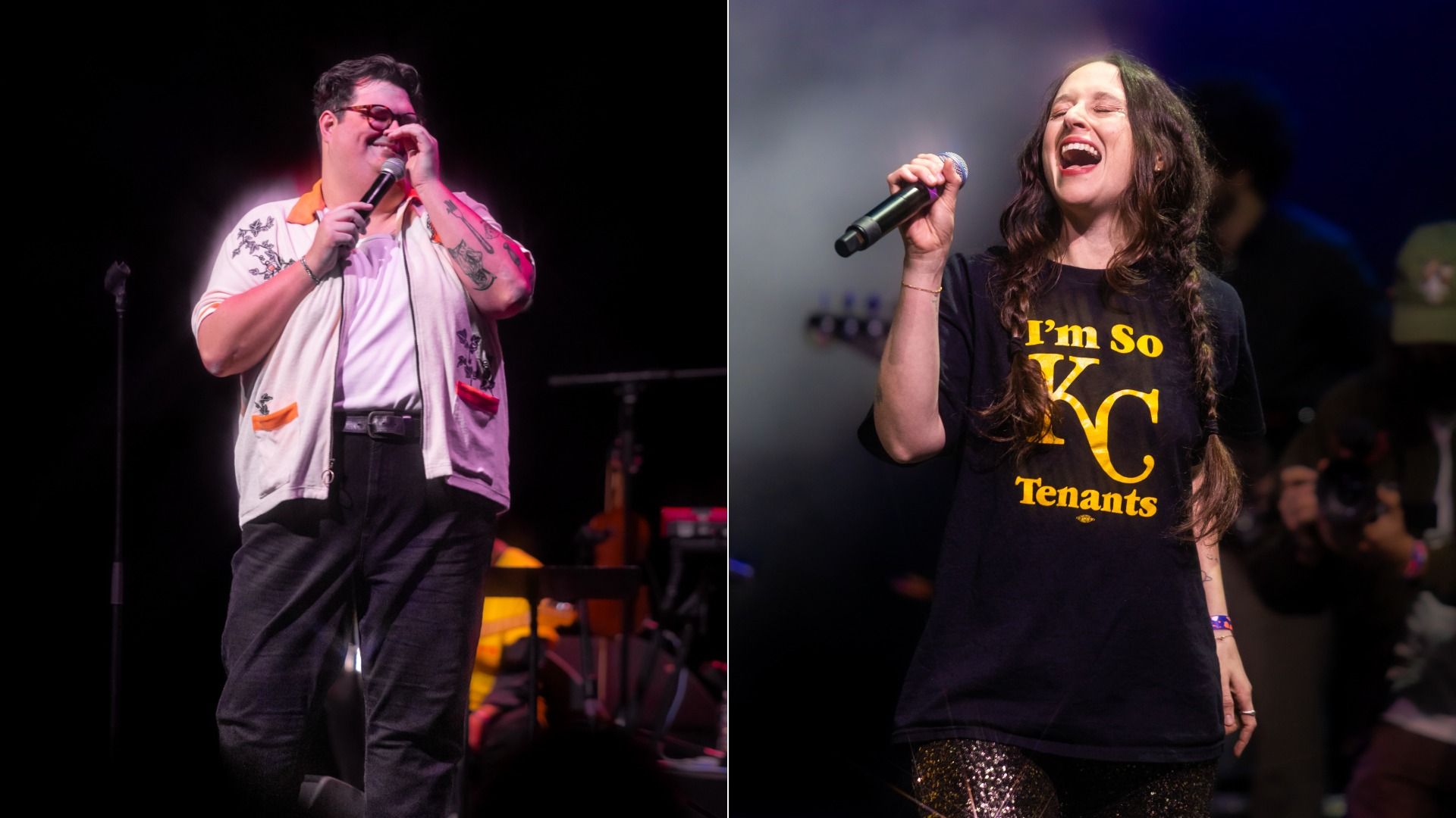 Split image of two singers performing on stage. Left: person in white shirt with orange collar and glasses holds a mic, smiling. Right: woman with braided hair sings passionately wearing black "I'm So KC Tenants" shirt.