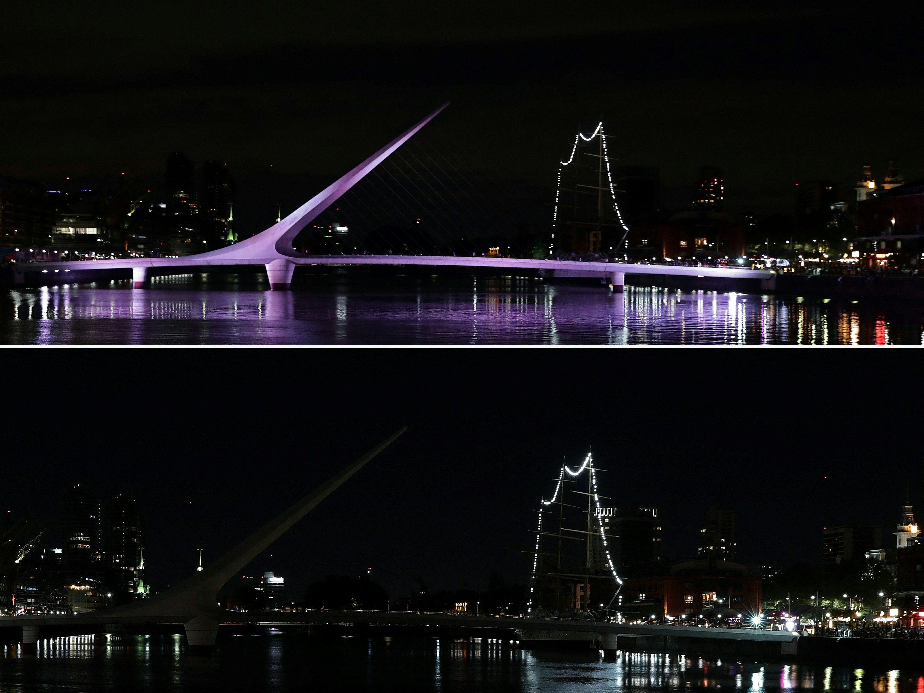 This combination of pictures taken on March 27, 2021 in Buenos Aires, shows a view of the Puente de la Mujer at Puerto Madero neighborhood before (Top) and after being submerged into darkness 