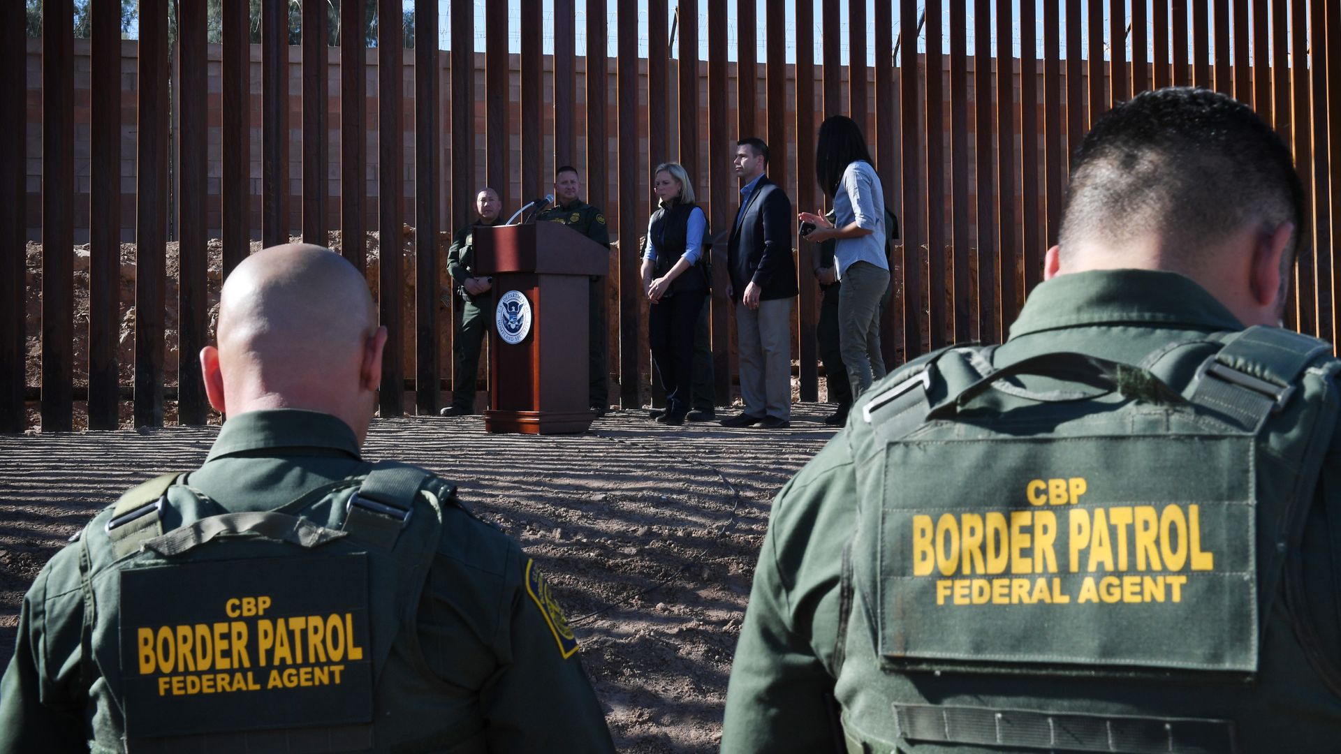 Kirstjen Nielsen giving a press conference at southern border
