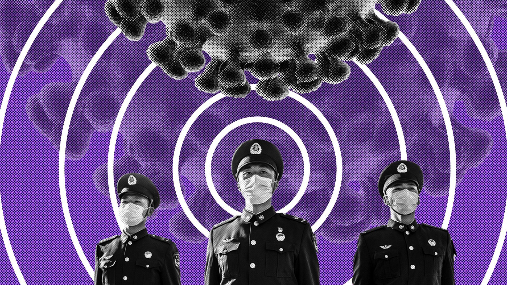 Photo illustration of soldiers from China's People's Liberation Army underneath a giant COVID.