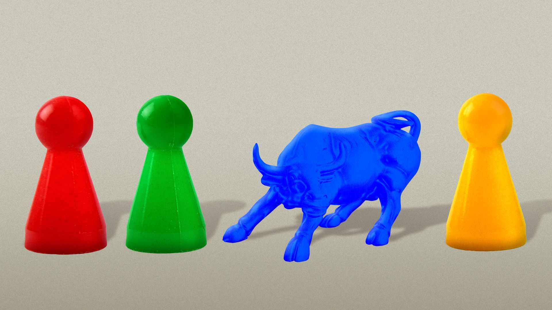 Illustration of a game piece in the shape of the Wall St. bull among other game pieces.
