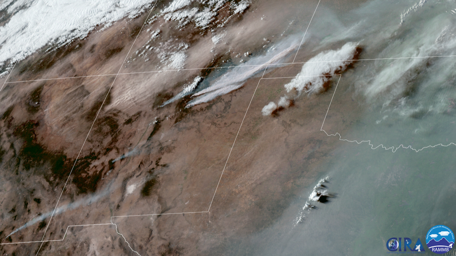 Smoke plumes from wildfires in New Mexico and Arizona, along with dust, seen on May 8, 2022. 