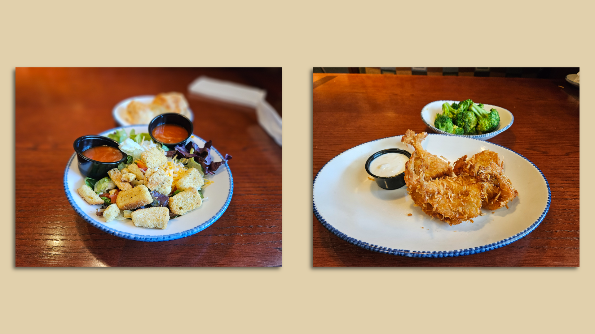 A side-by-side view of salad, hand-breaded coconut shrimp and steamed broccoli.