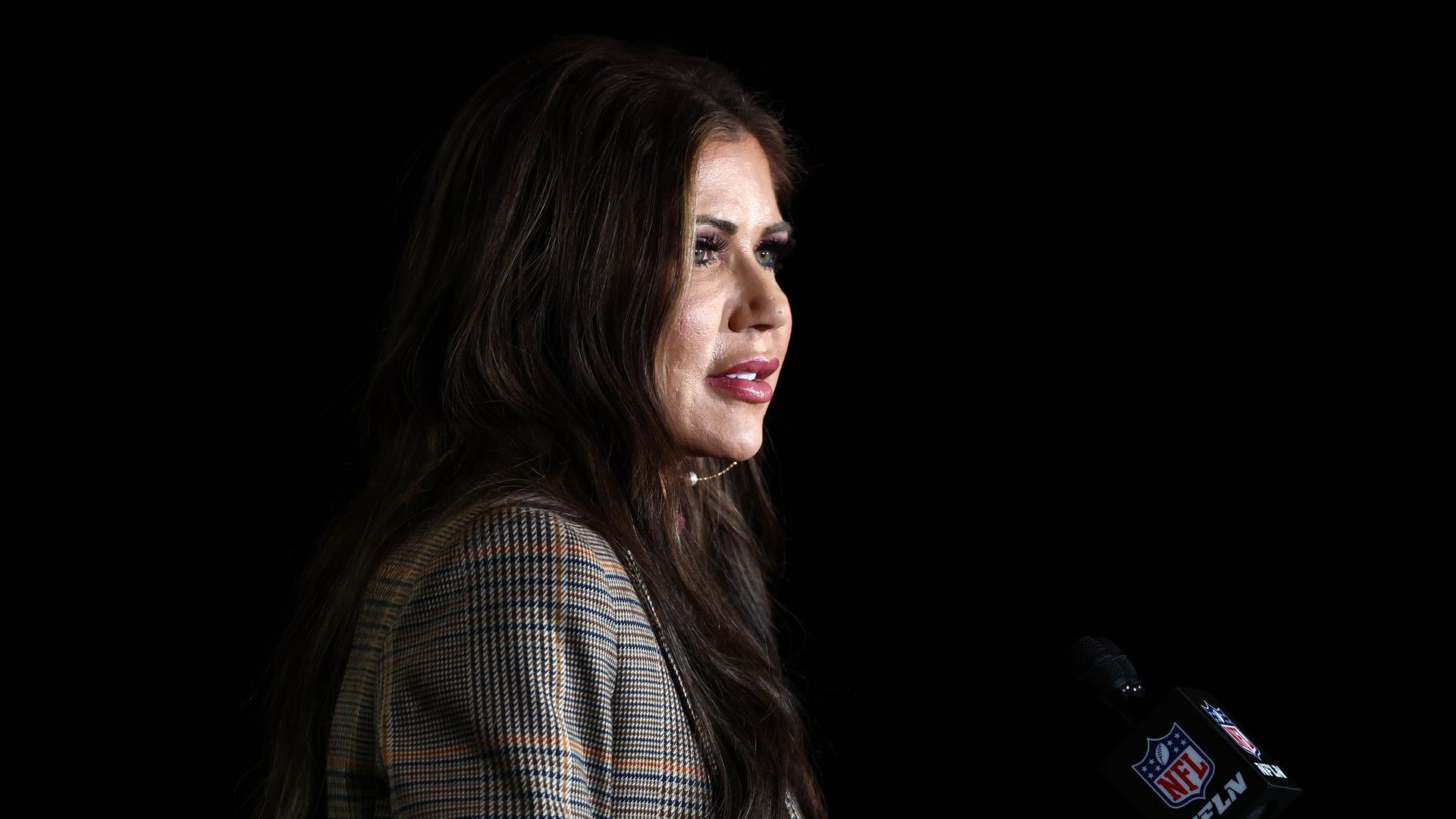 Kristi Noem speaks during the Super Bowl LIX Public Safety Press Conference.