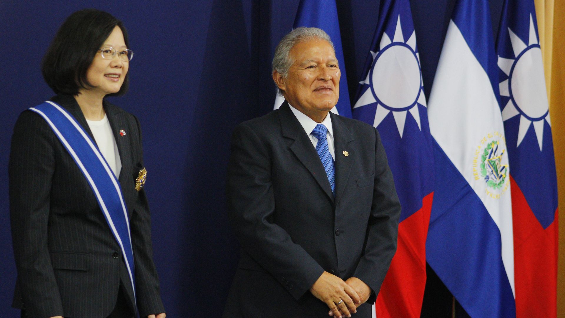 Tsai Ing-wen President of Taiwan (L) and Salvador Sanchez Ceren (R) President of El Salvador pose for the media