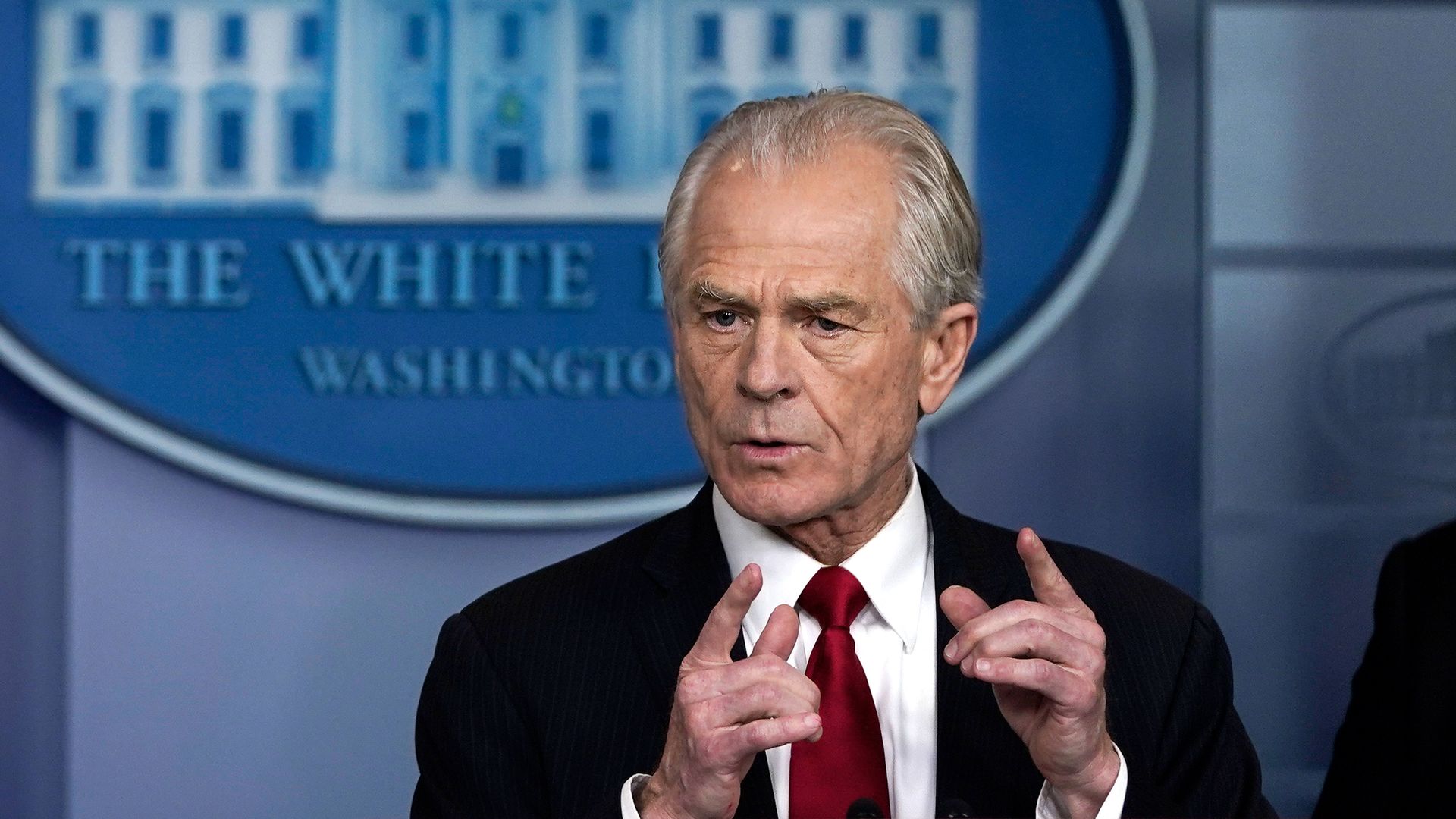 White House Trade and Manufacturing Policy Director Peter Navarro speaks during a briefing on the coronavirus pandemic in the press briefing room of the White House