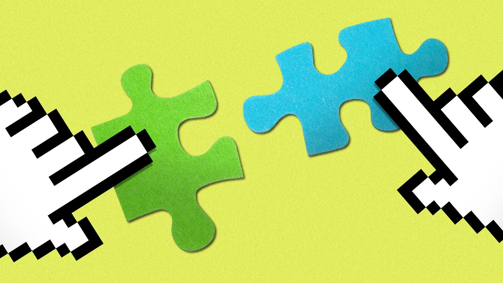 Illustration of two hand cursors holding jigsaw puzzle pieces.