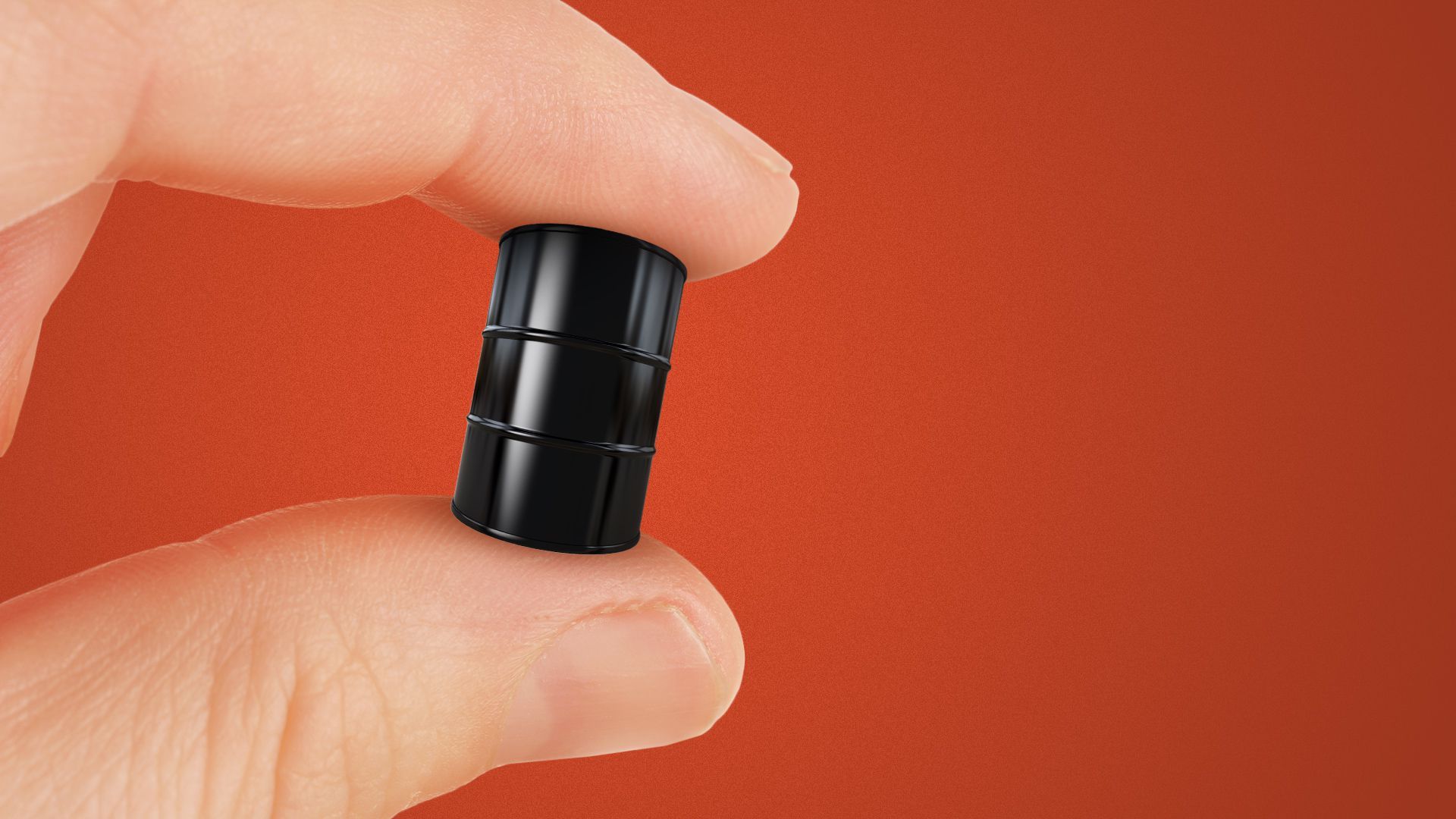 Illustration of a tiny oil barrel held between a person's fingers.