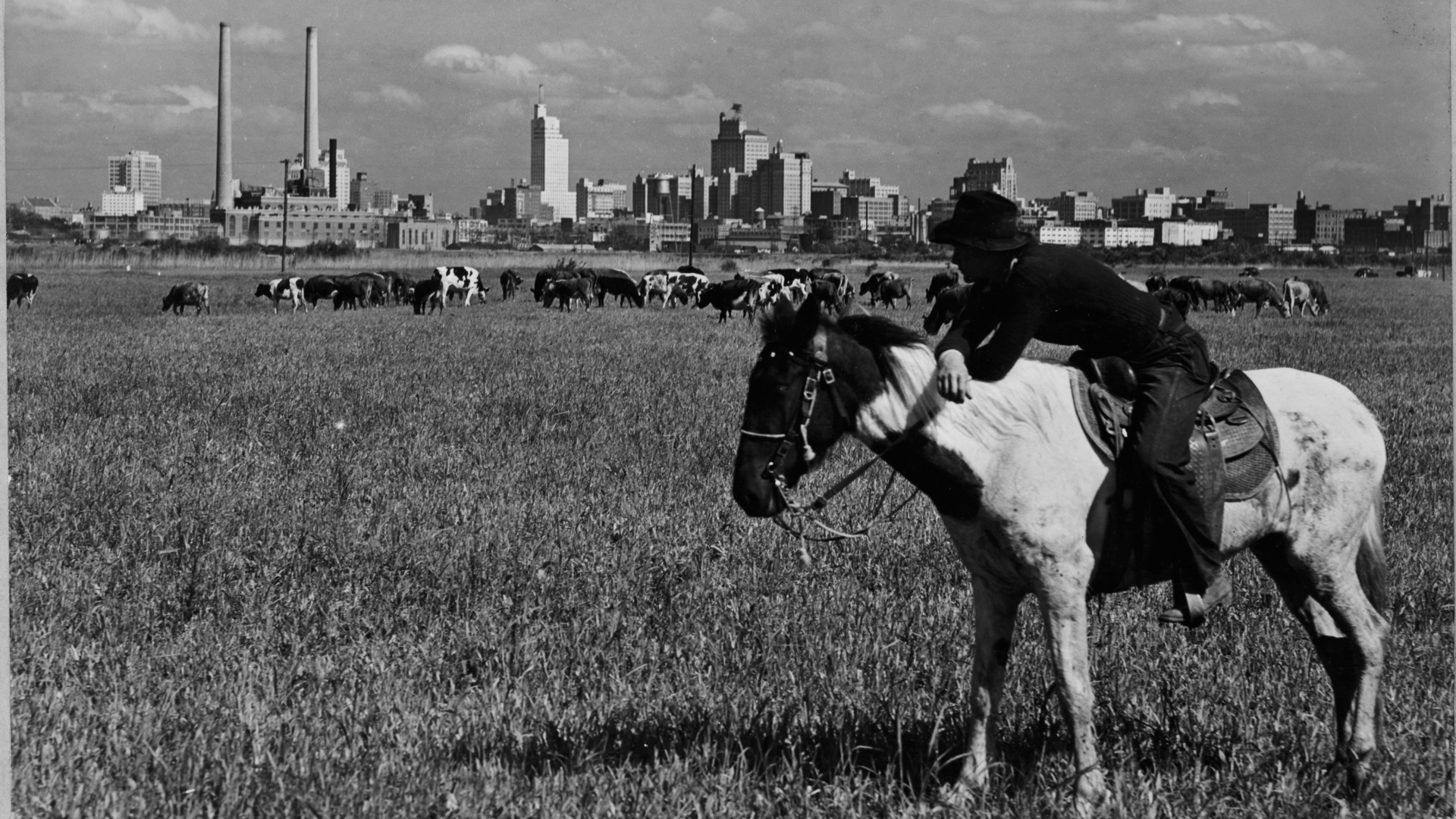 A photo of a cowboy on horseback in Dallas in 1945