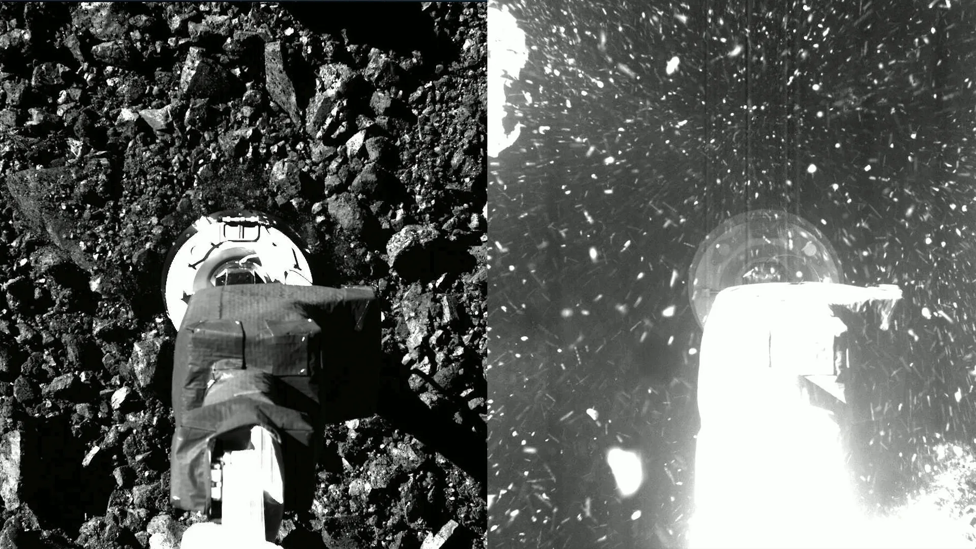 One of OSIRIS-REx's arms touching the surface of asteroid Bennu. Photo: NASA/Goddard/University of Arizona/Lockheed Martin