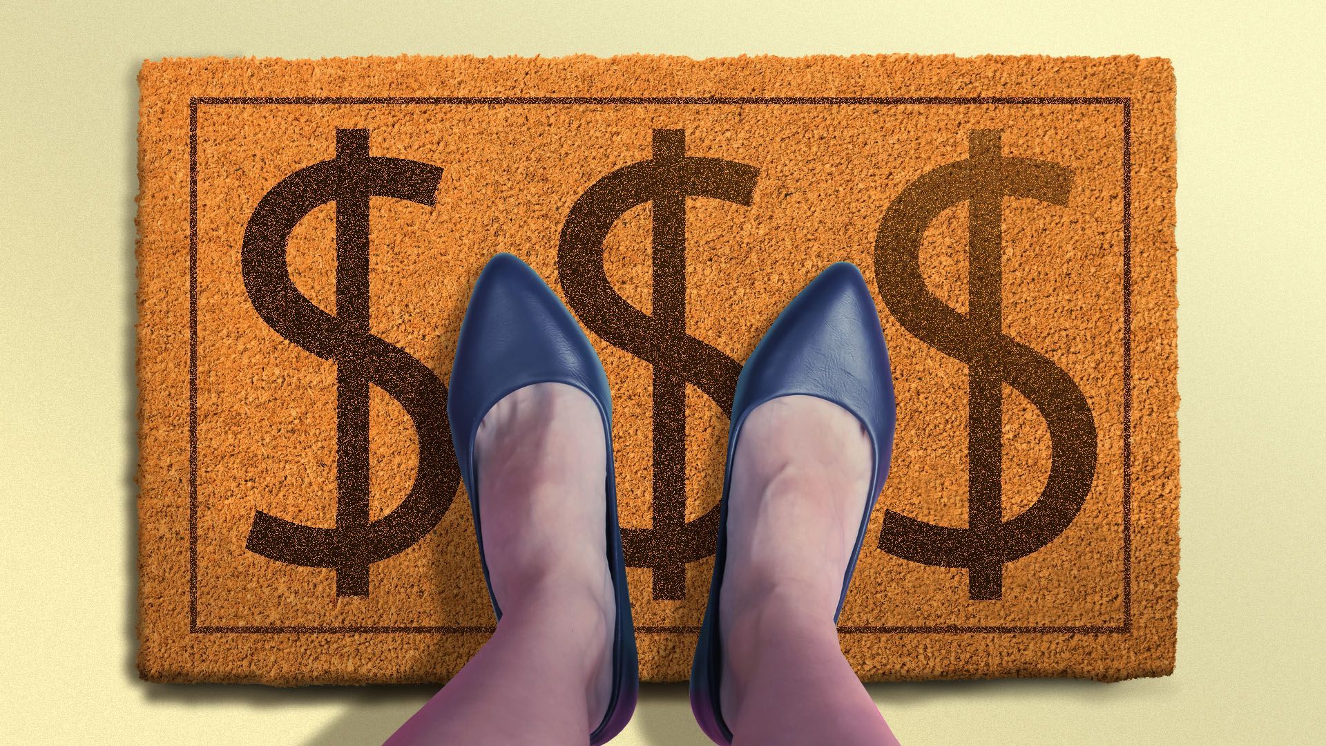 Illustration of a feet standing on a welcome mat with dollar signs on it