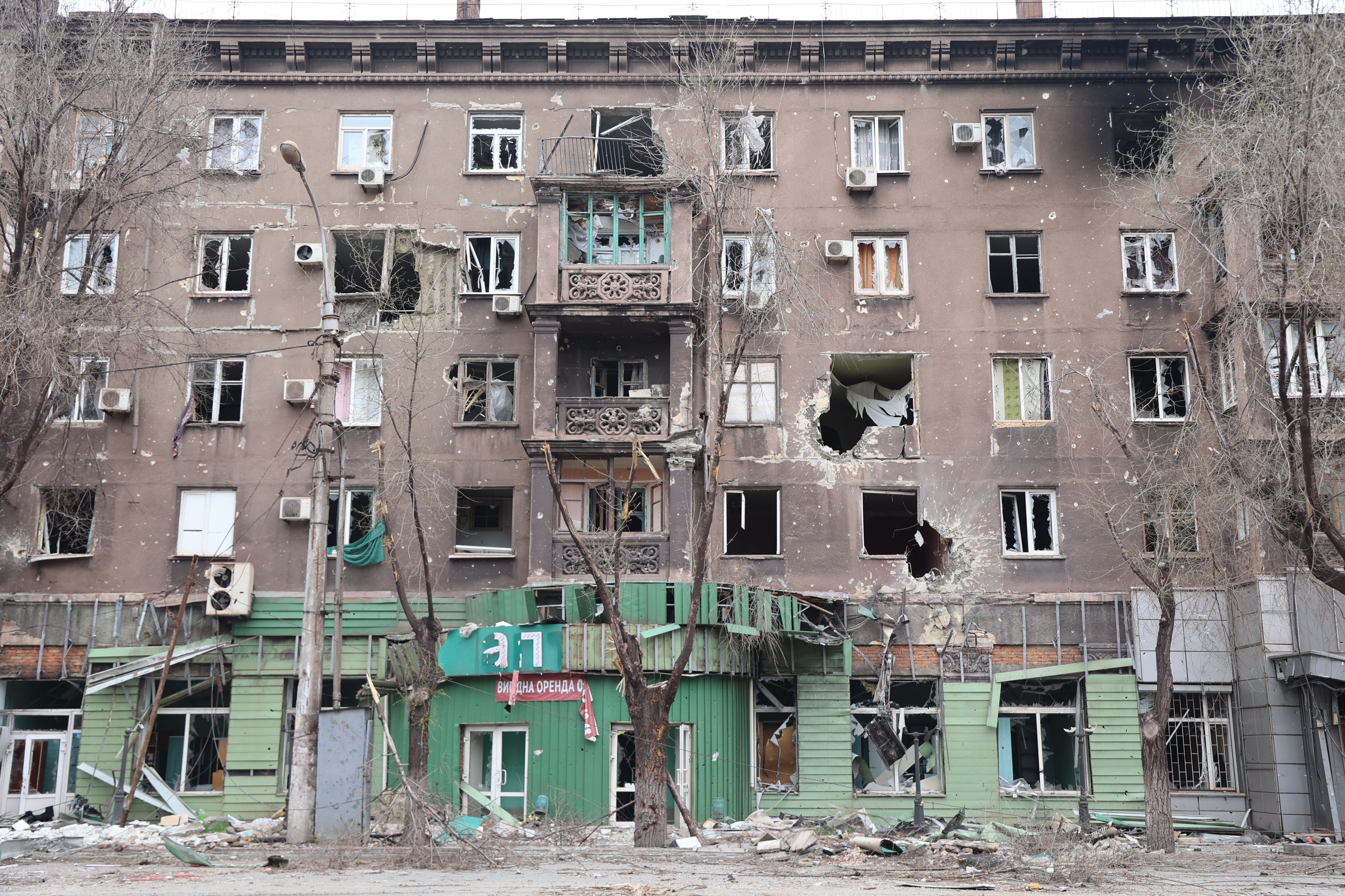 A view of damaged buildings in the Ukrainian city of Mariupol under the control of Russian military and pro-Russian separatists, on April 17.