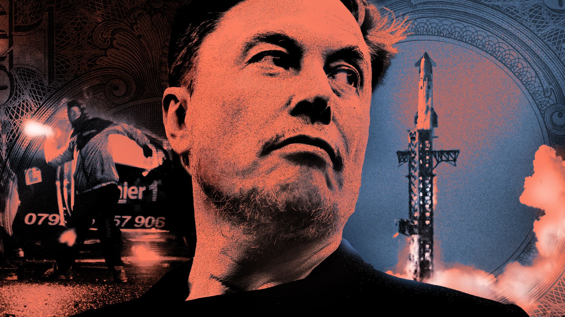 Photo illustration of Elon Musk, a Nationalist protester in Belfast, and SpaceX's Starship 39 rocket launch with currency elements