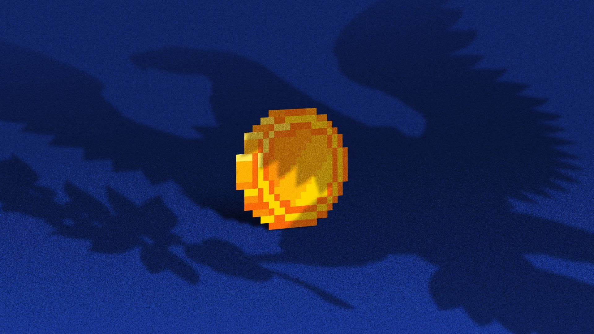 Illustration of the SEC seal's shadow looming over a pixelated coin. 