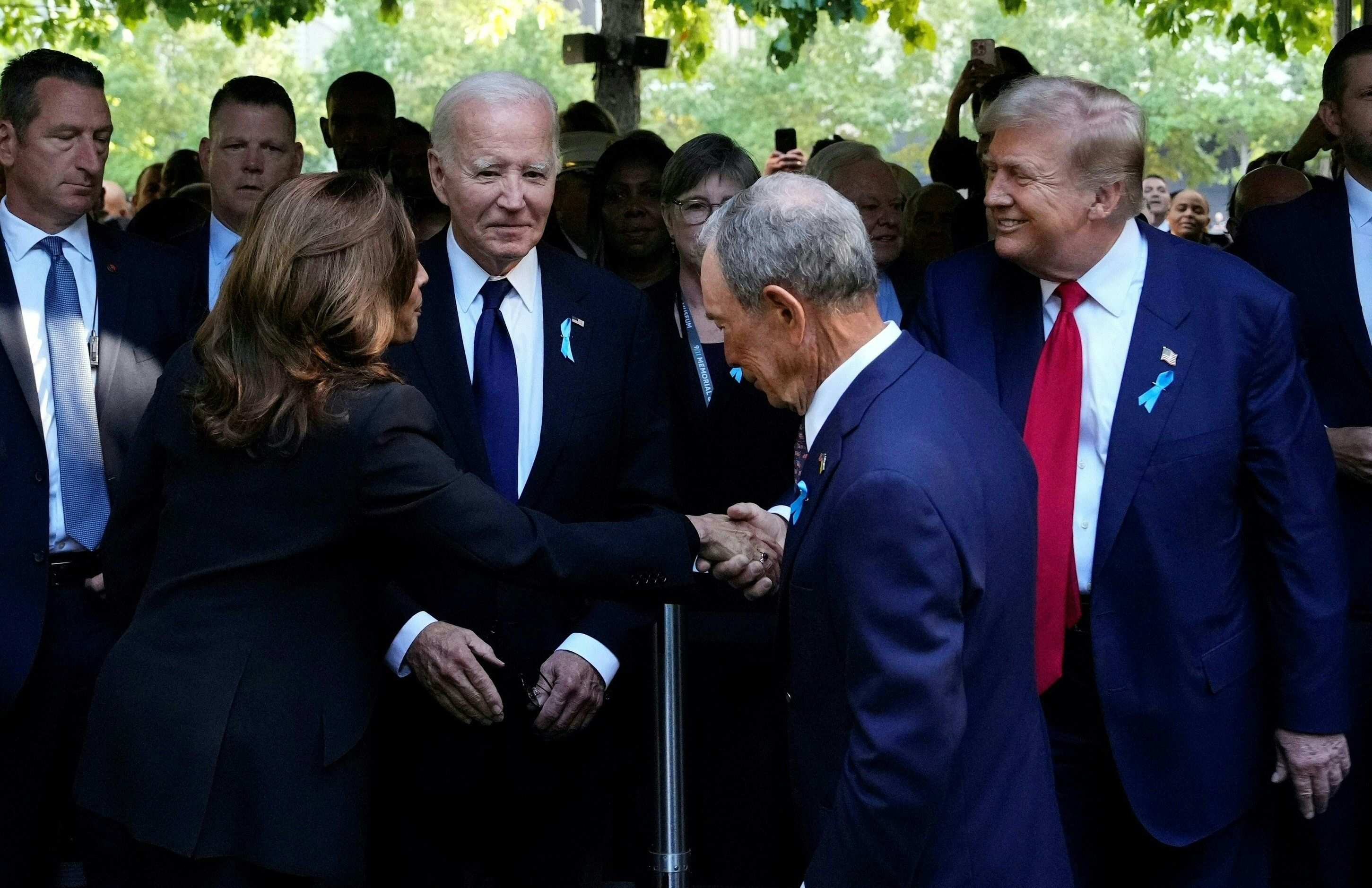  Kamala Harris shakes hands with Donald Trump at a 9/11 remembrance ceremony 