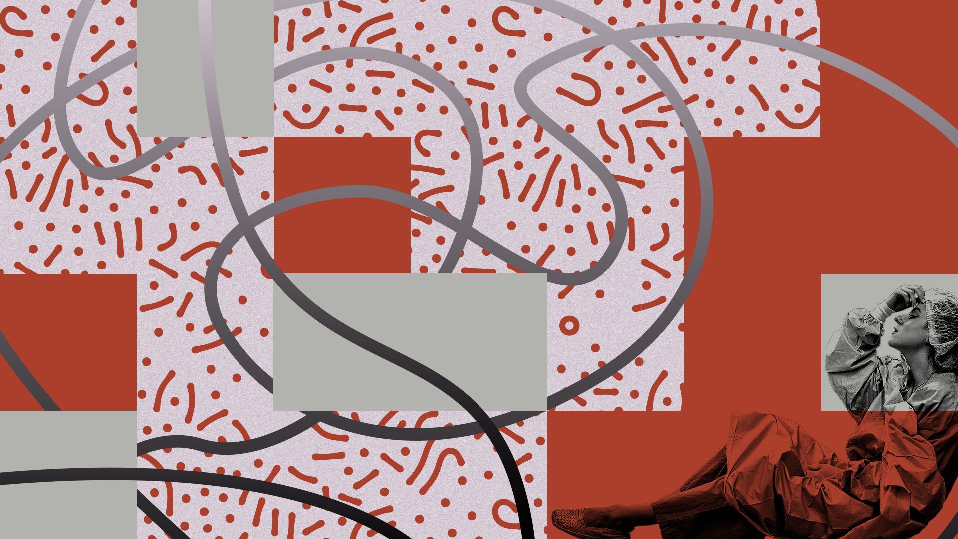 Illustrated collage of a health care worker collapsed on the floor looking exhausted, on a virus-themed background, surrounded by abstract squares and a line going all around the image indicating chaos. 
