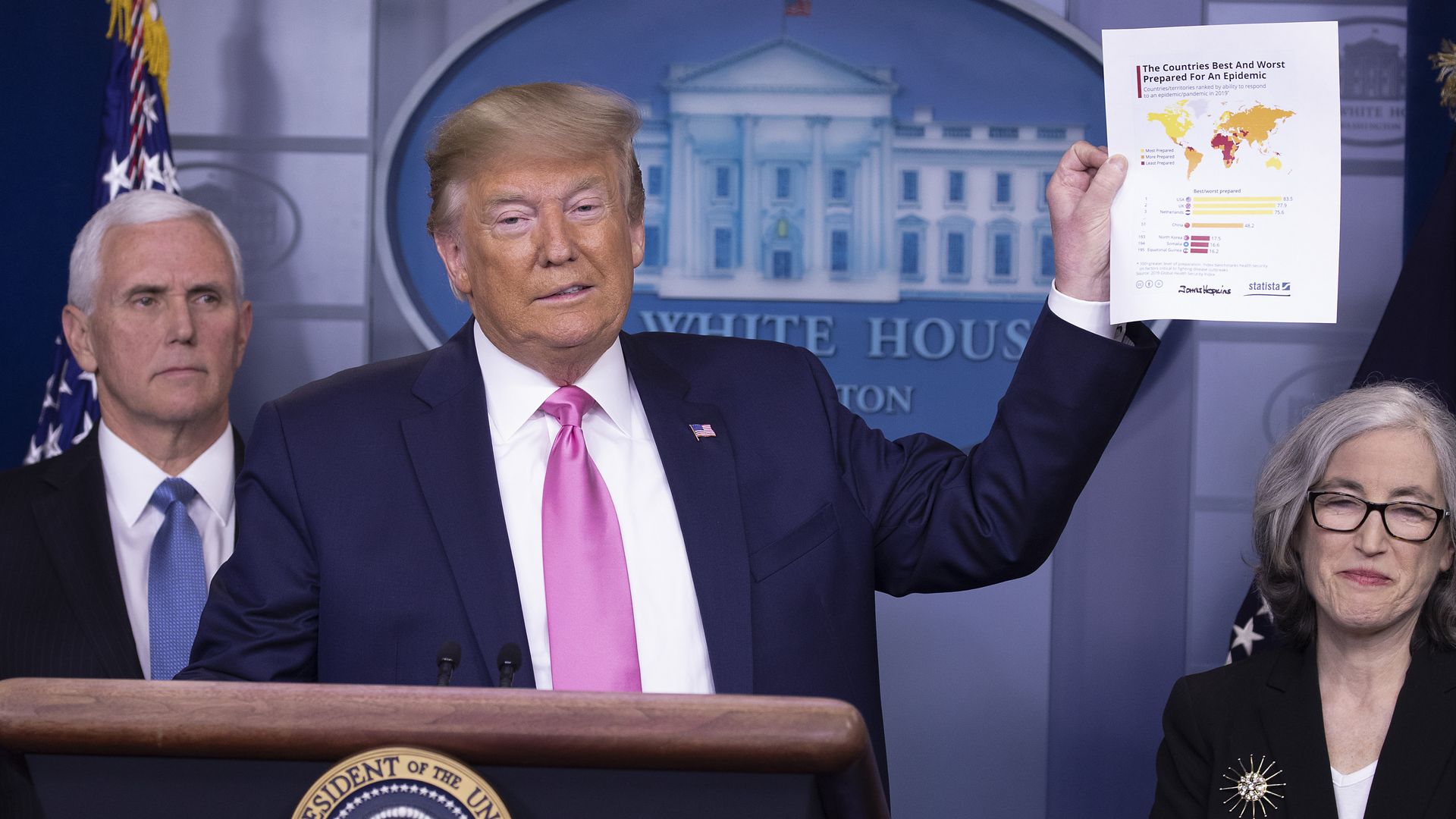 President Donald Trump speaks with members of the coronavirus task force, including Vice President Mike Pence in the Brady Press Briefing Room at the White House February 26