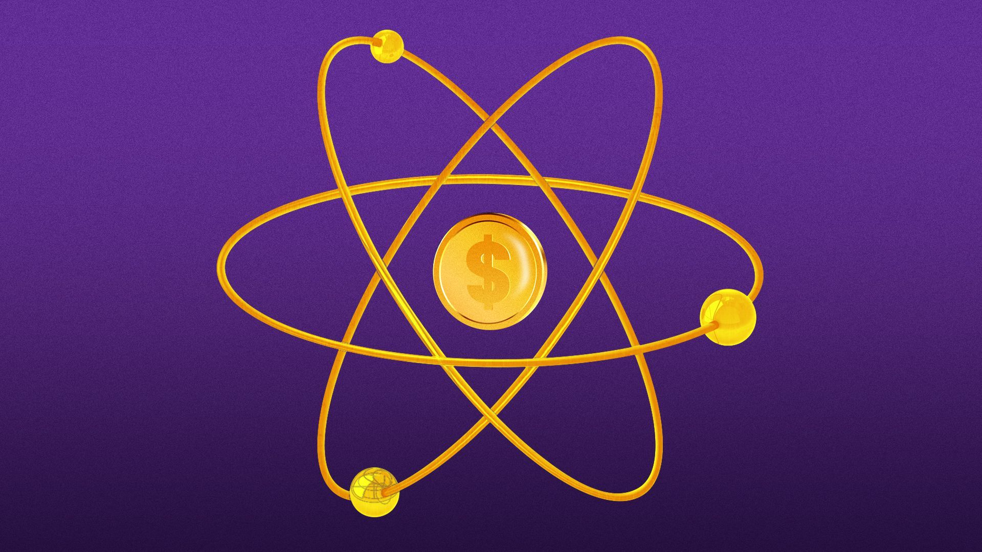 Illustration of an atom with a coin as the nucleus.