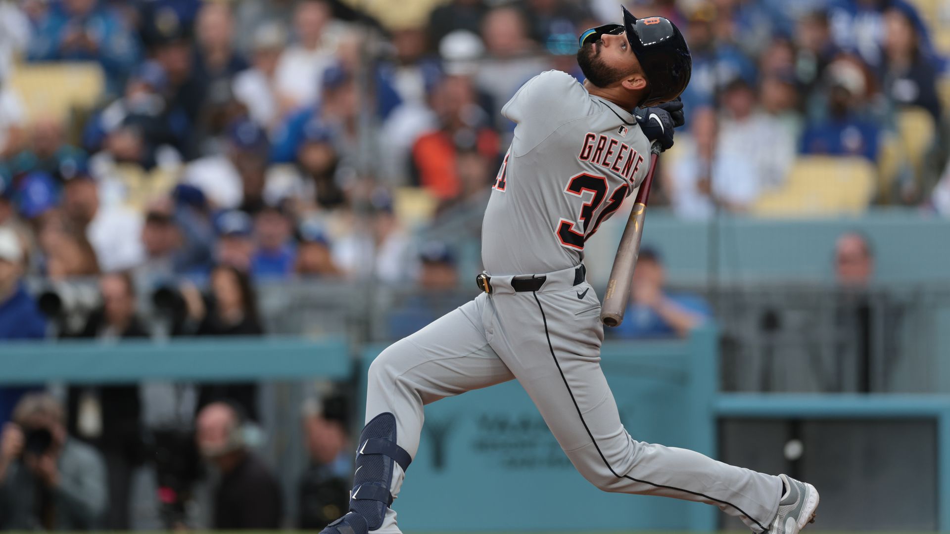 Tigers outfielder Riley Greene bats against the Los Angeles Dodgers last week. 