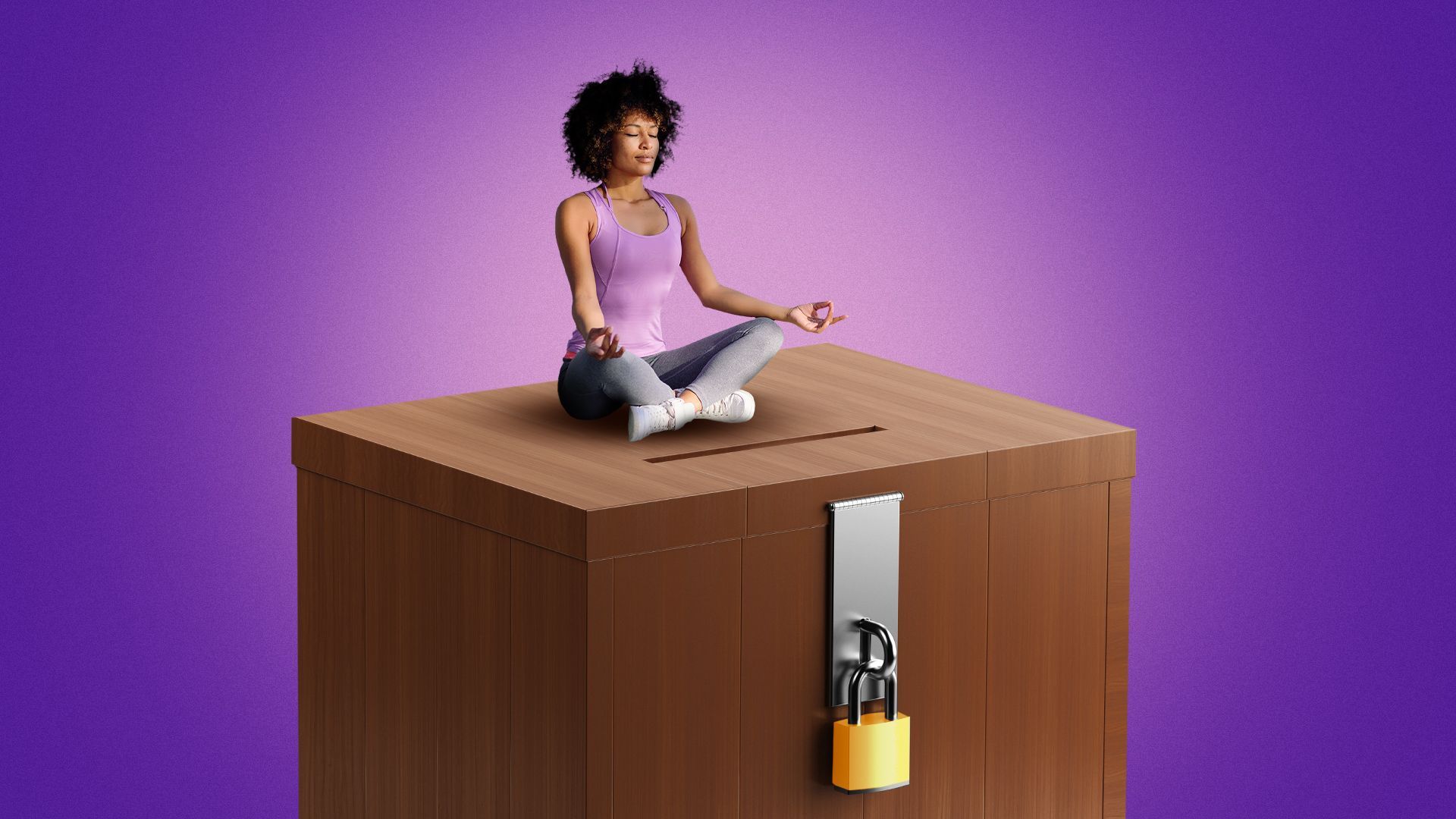 Illustration of a woman meditating on top of a locked ballot box.