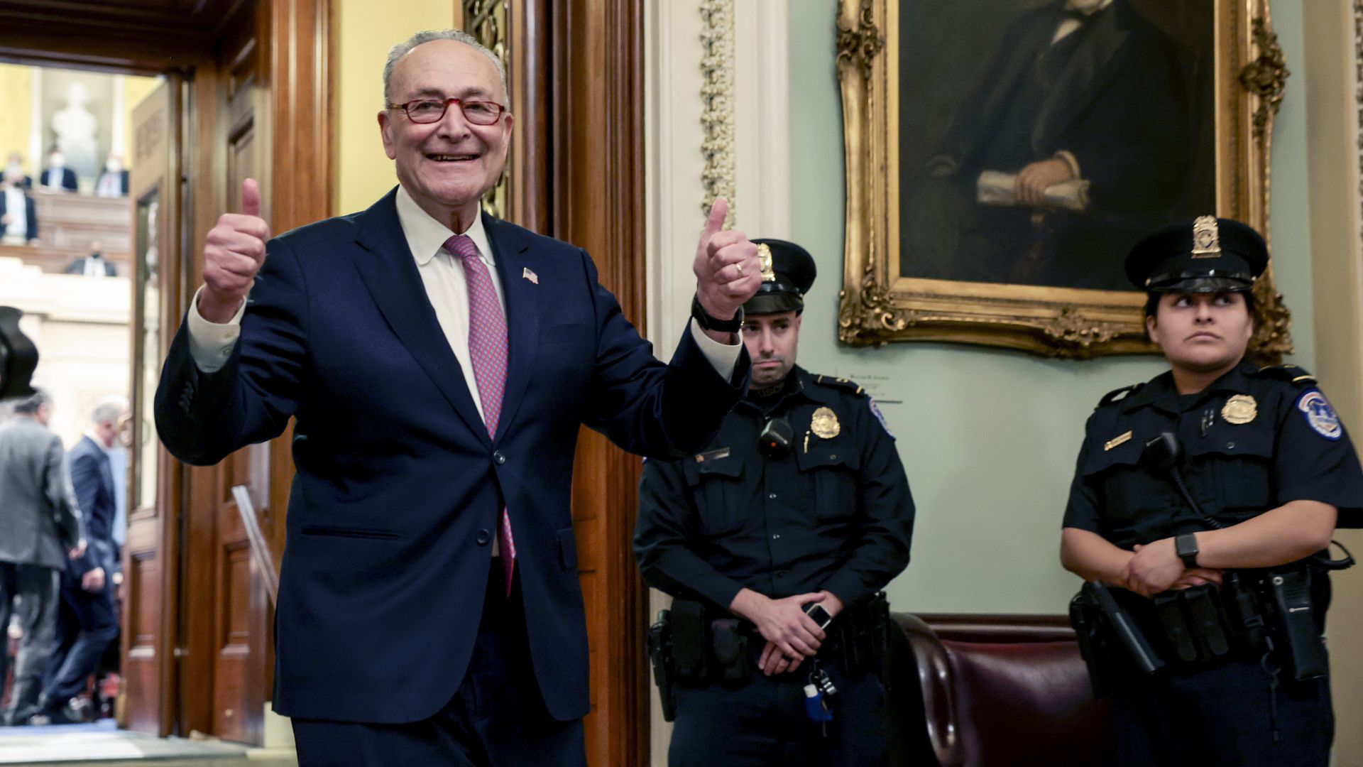 Senate Majority Leader Mitch McConnell is seen signaling 