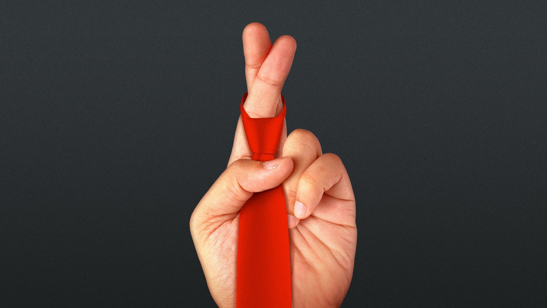 Illustration of a red tie on crossed fingers.
