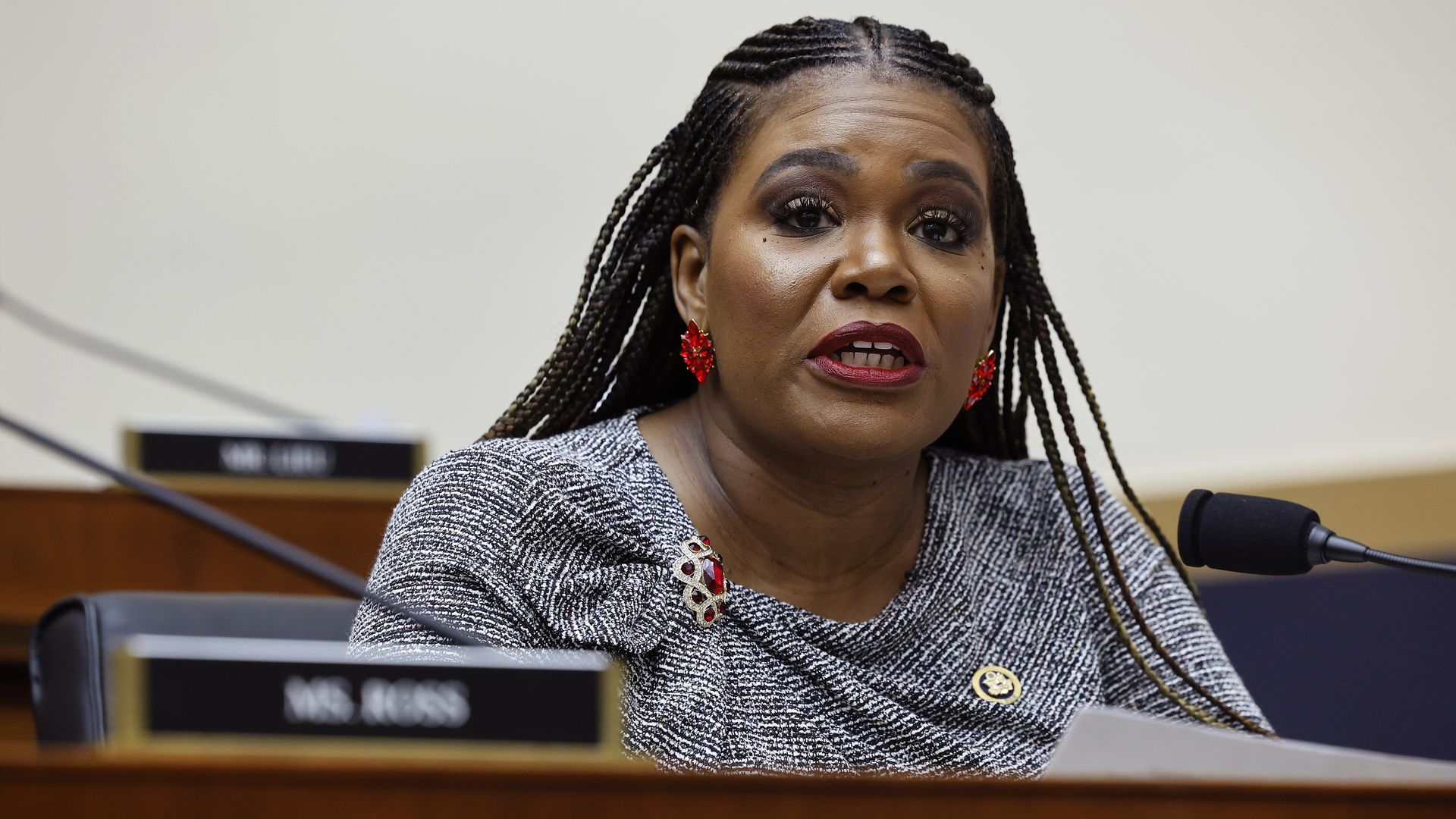 Close-up of a woman with braided hair and red earrings, speaking into a microphone at a desk in a gray textured blazer; a blurred nameplate is visible in the foreground.