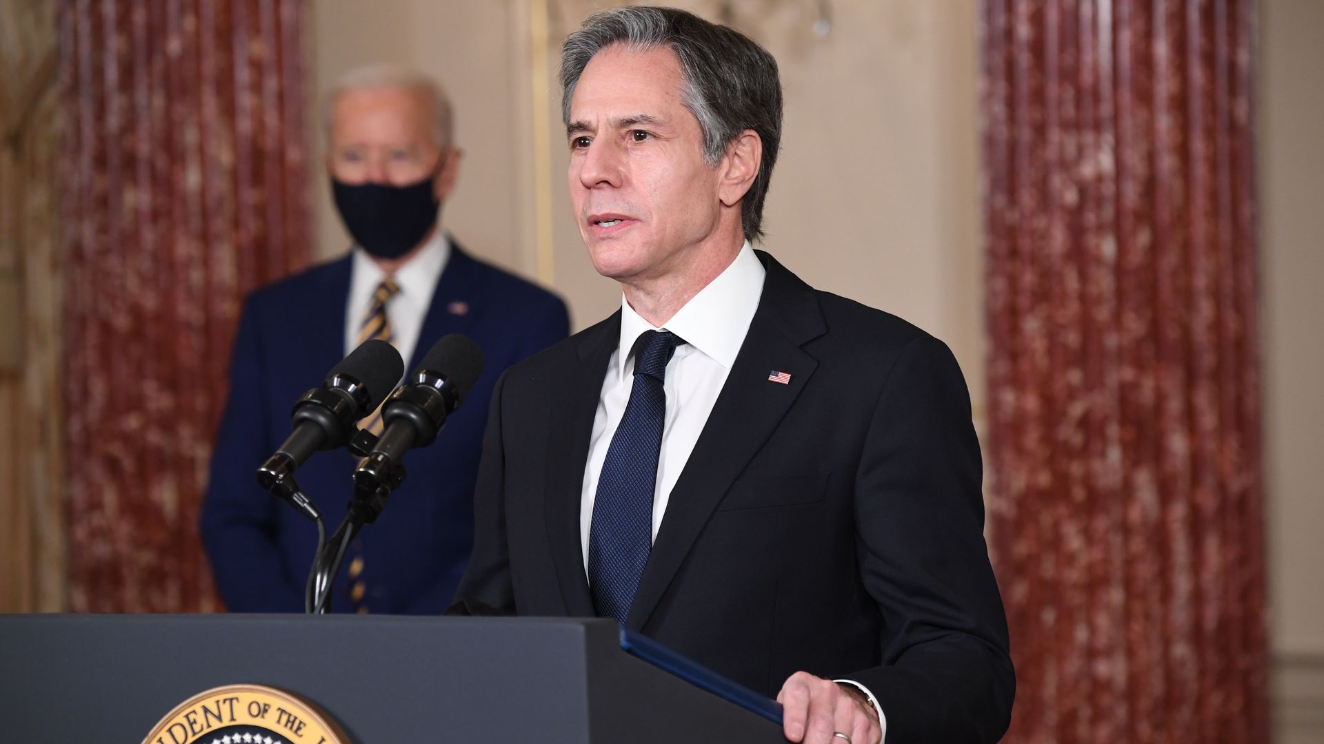 Secretary of State Antony Blinken speaks to staff at the US State Department during the first visit of US President Joe Biden(L) in Washington, DC, February 4